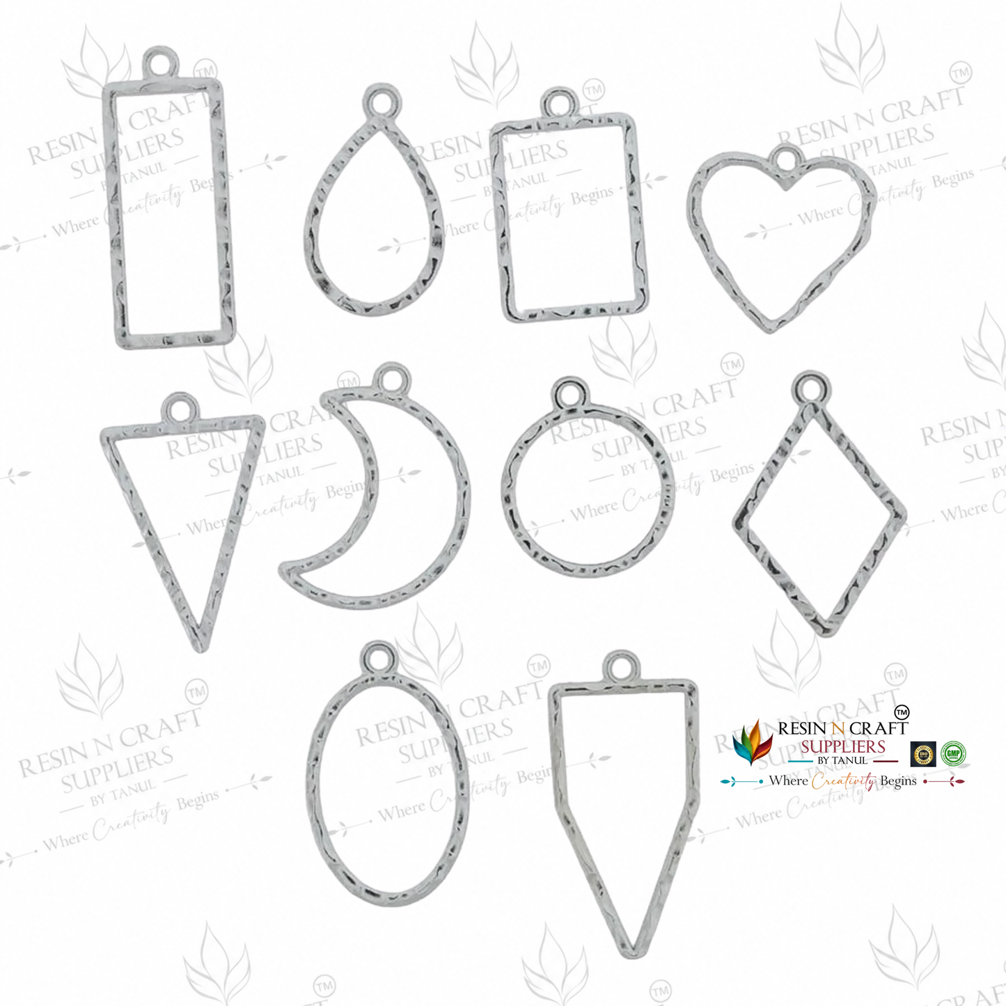 10 in 1 Silver Embossed Open Bezel Set | Mixed Shape UV Resin Pendant Frames | Metal Jewellery Making Charms | 10 Pieces