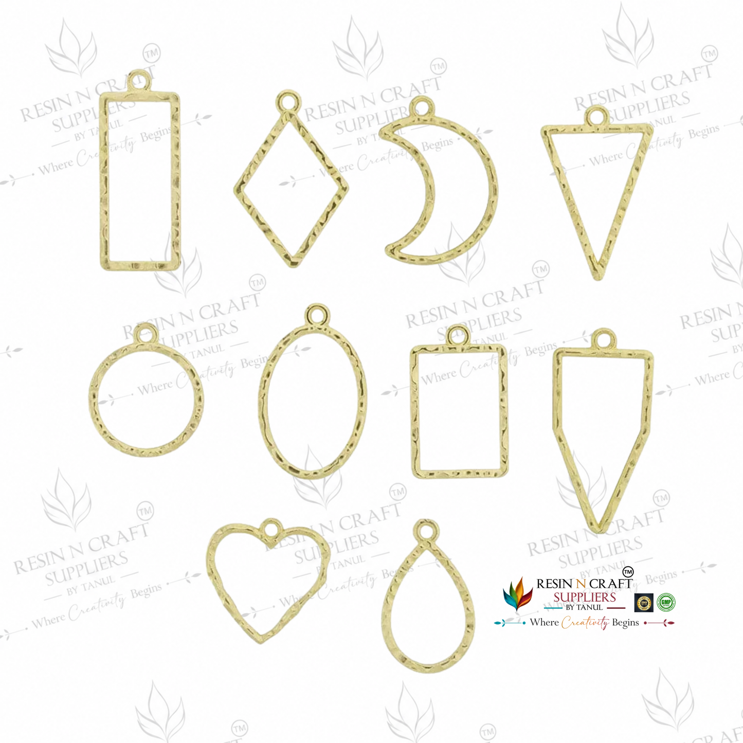 10 in 1 Gold Embossed Open Bezel Set | Mixed Shape UV Resin Pendant Frames | Metal Jewellery Making Charms | 10 Pieces