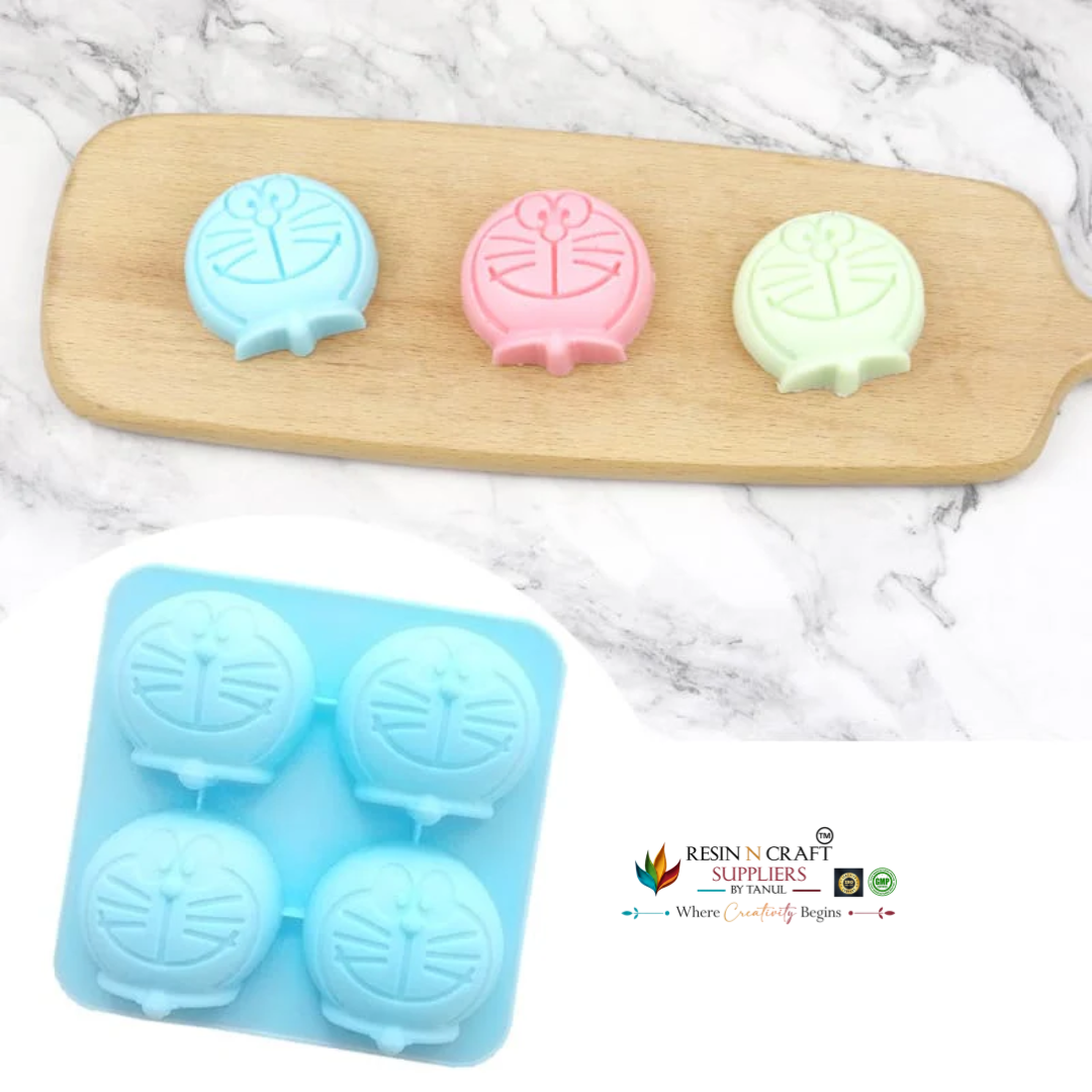 4 Cavity Doraemon Anime Character Face Mould for DIY Concrete Art, Resin Crafts, Soap Making & Cake Making Silicone Mould (RSM1435M)