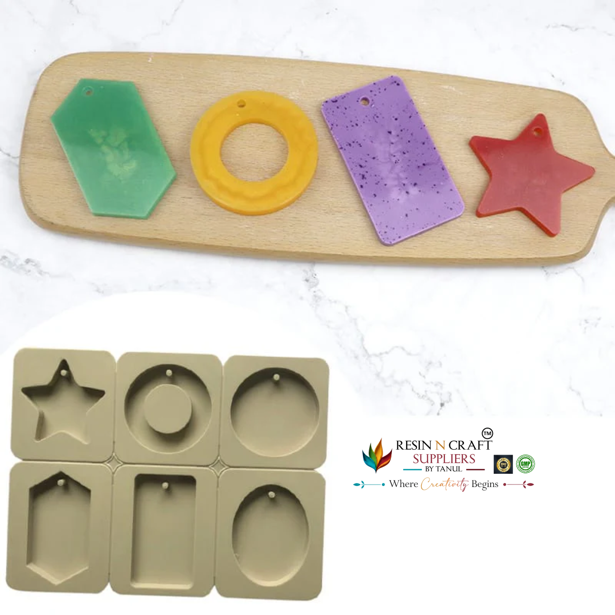 6-Cavity Mixed Shape Star Circle Hexagon & Rectangle Hanging Tag Mould for DIY Concrete Art, Scented Wax Sachets, Resin Crafts, Soap Making & Cake Making Silicone Mould (RSM1456M)