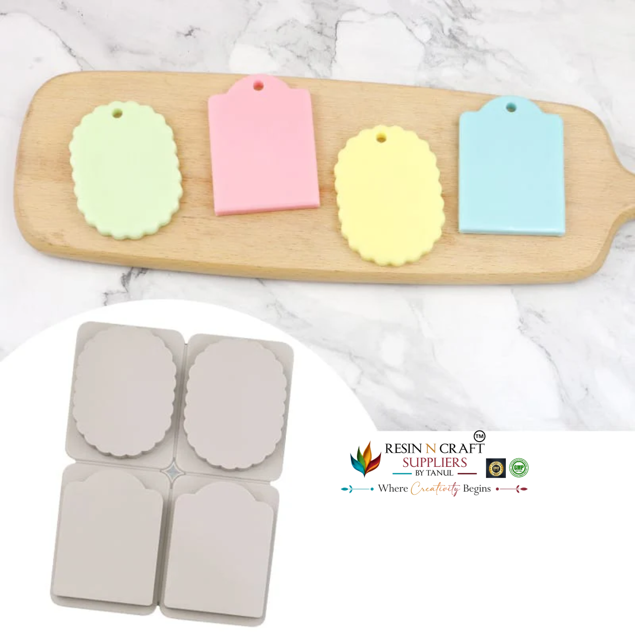 4-Cavity Oval & Arch Tag Multi-Purpose Mould for DIY Concrete Art, Scented Wax Sachets, Resin Crafts, Soap Making & Cake Making Silicone Mould (RSM1455M)