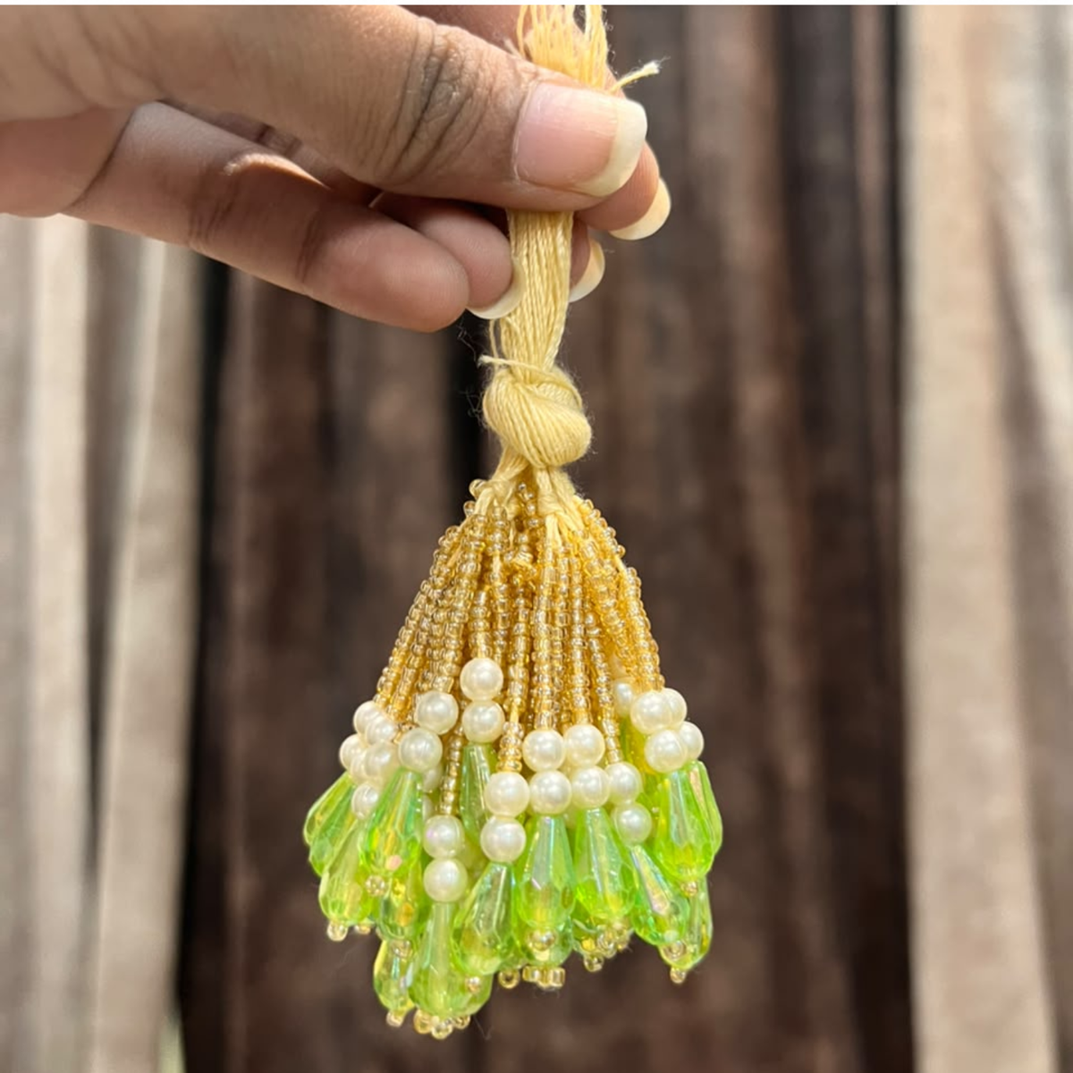 Green Crystal Mala Latkan 10 Pcs Pack – Golden Beaded Hanging Tassels for Toran, Bandhanwar & Resin Art