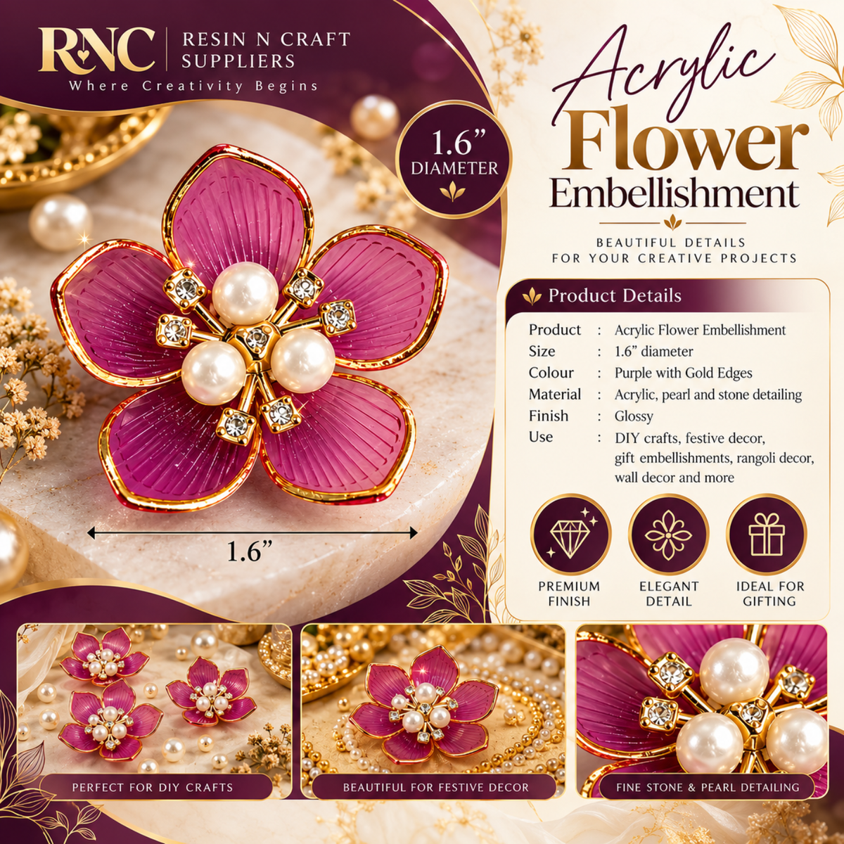 Acrylic Flower Embellishment – Premium Decorative Craft Accessory / Colourful Plastic Flower