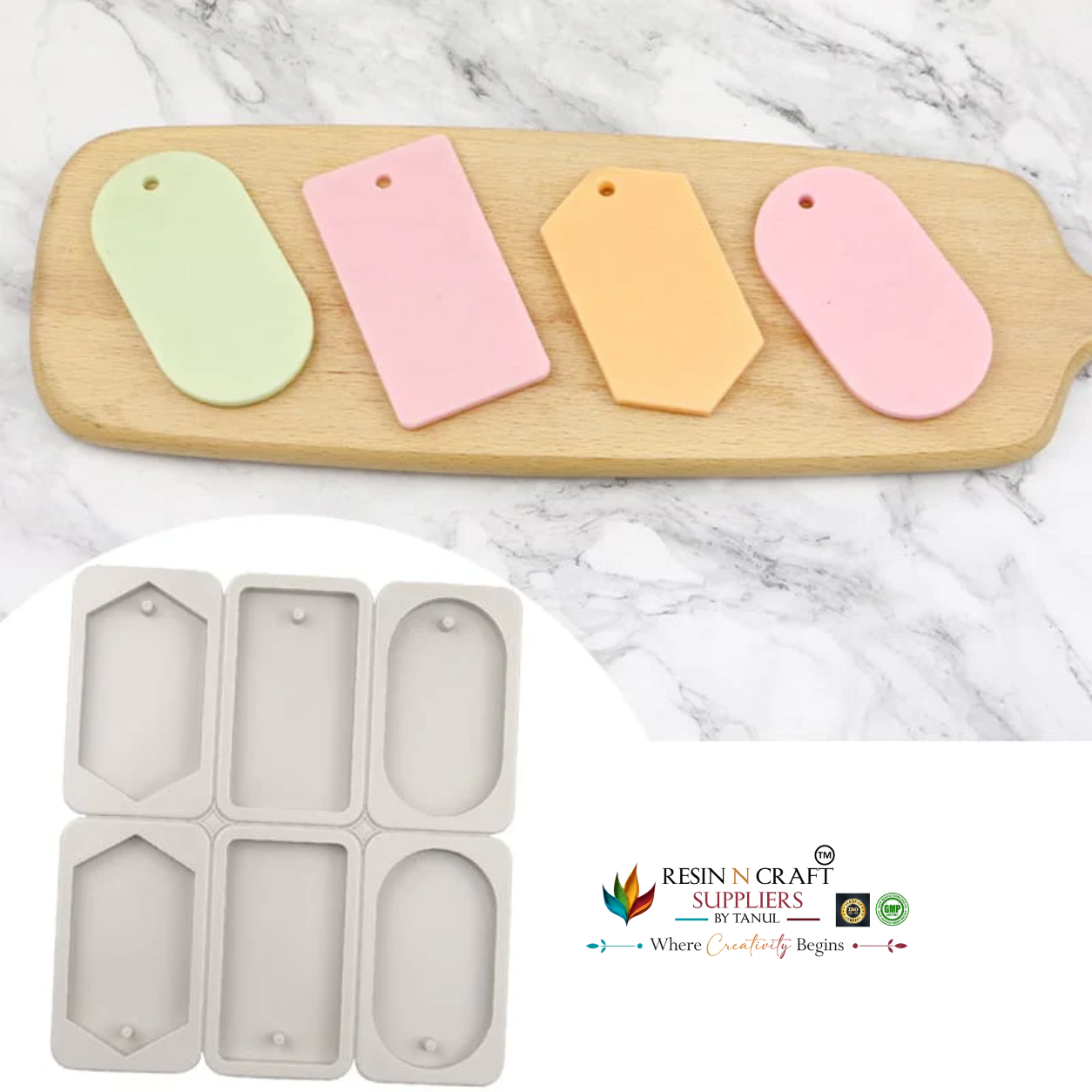 6-Cavity Mixed Geometric Hexagon Rectangle & Oval Hanging Tag Mould for DIY Concrete Art, Scented Wax Sachets, Resin Crafts, Soap Making & Cake Making Silicone Mould (RSM1452M)