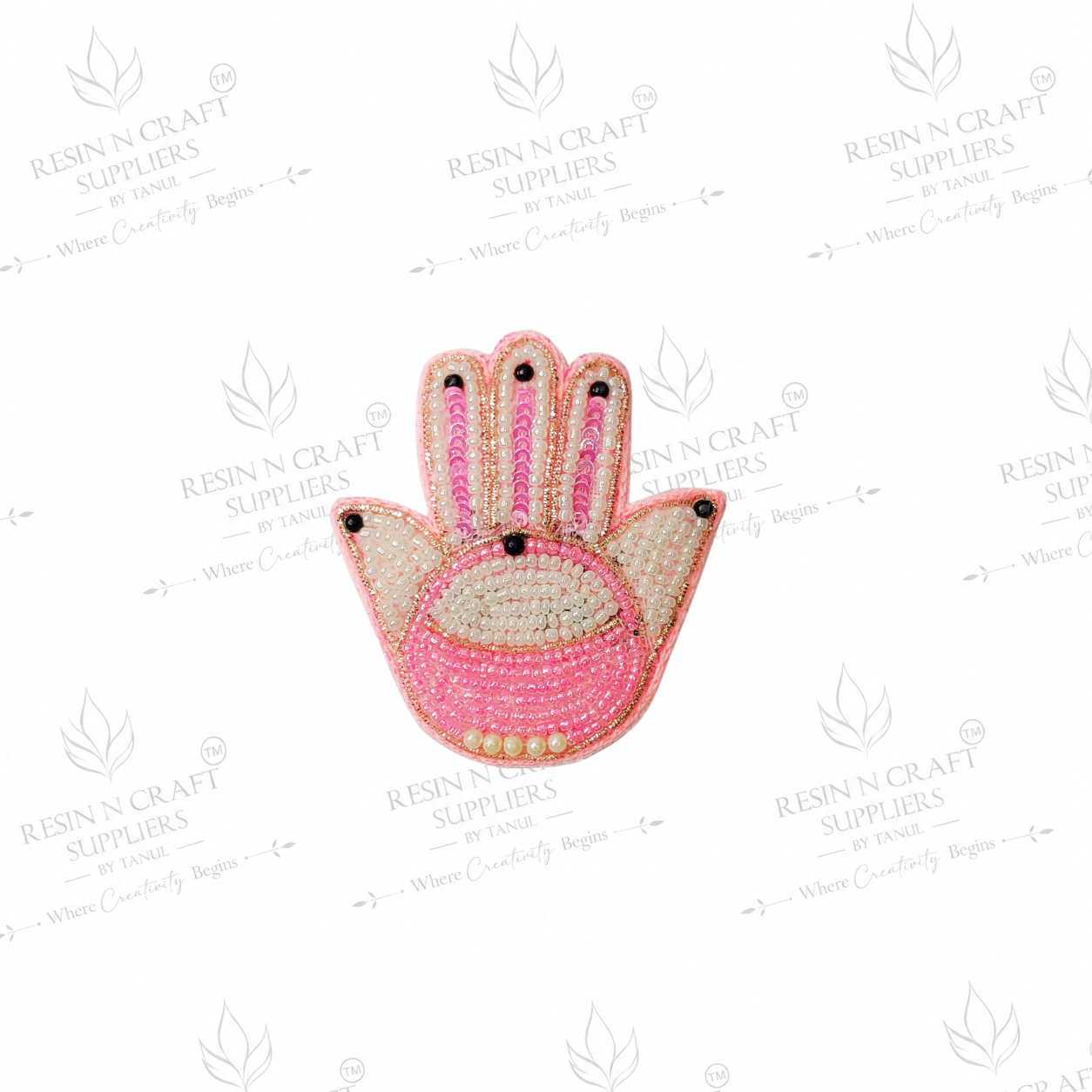 Pink Hamsa Hand Evil Eye Beaded Patch for Toran & Bandhanwar Making (3 x 3 Inch)