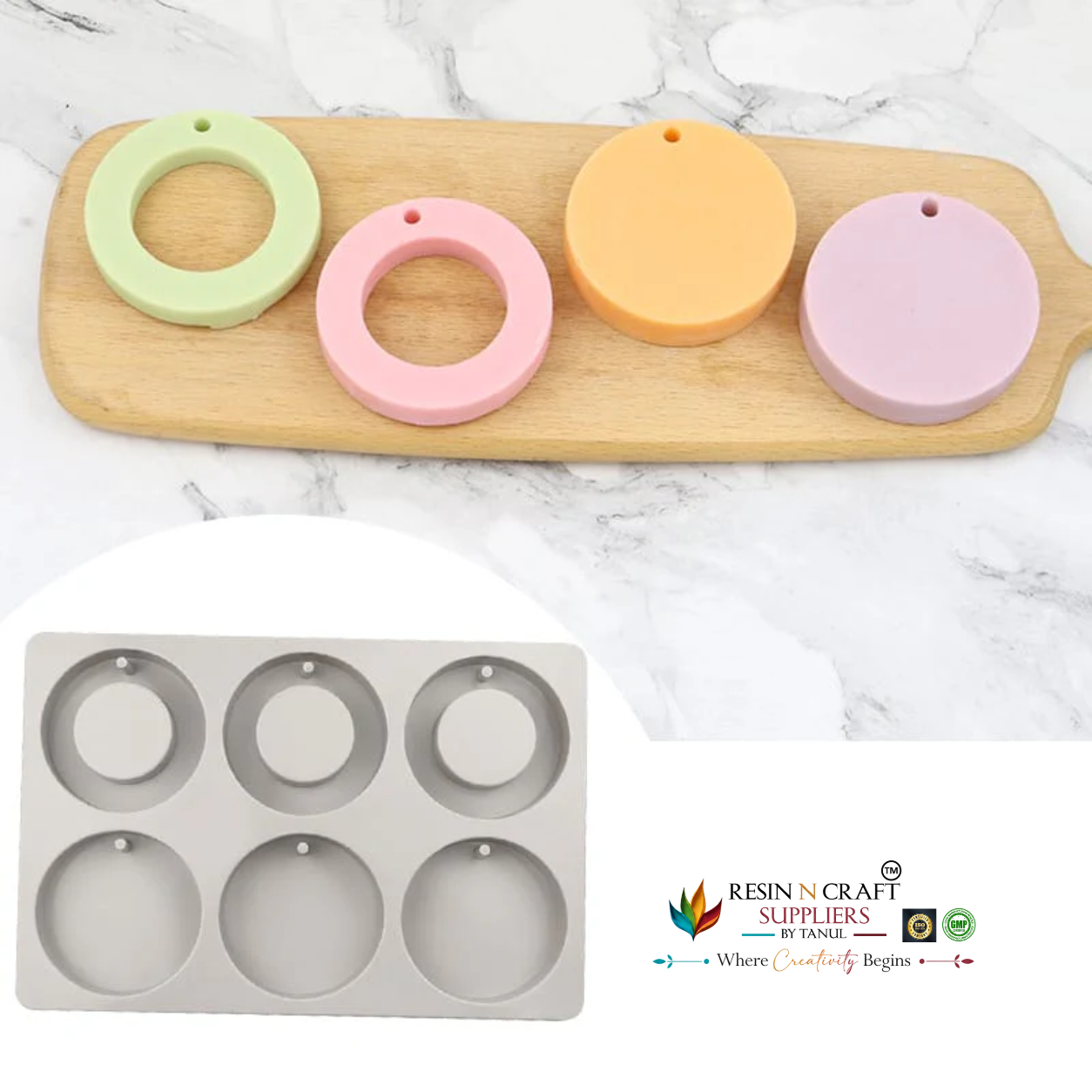 6-Cavity Round Circle & Donut Hanging Tag Mould for DIY Concrete Art, Scented Wax Sachets, Resin Crafts, Soap Making & Cake Making Silicone Mould(RSM1457M)