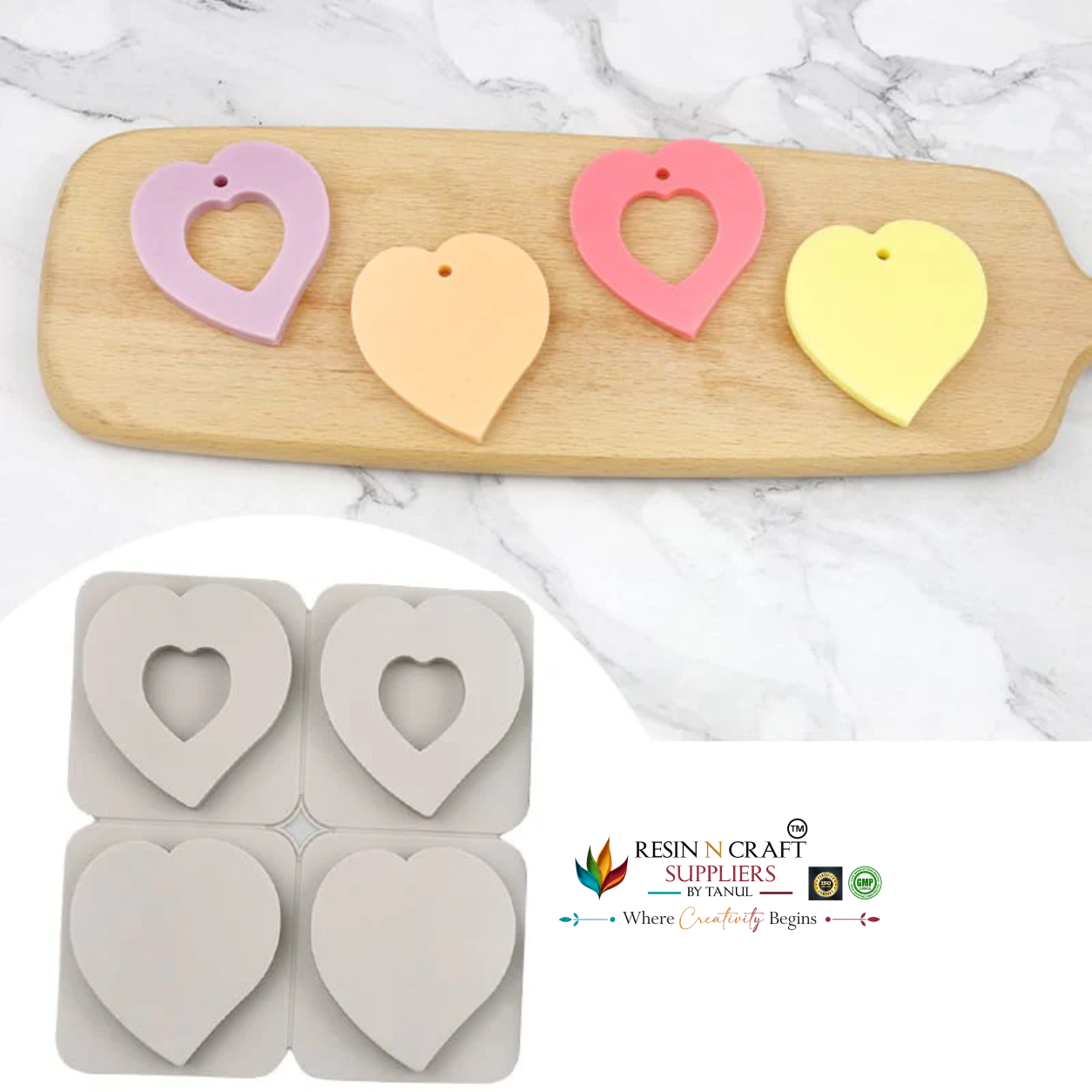 4-Cavity Heart & Hollow Frame Heart Hanging Tag Mould for DIY Concrete Art, Scented Wax Sachets, Resin Crafts, Soap Making & Cake Making Silicone Mould(RSM1459M)