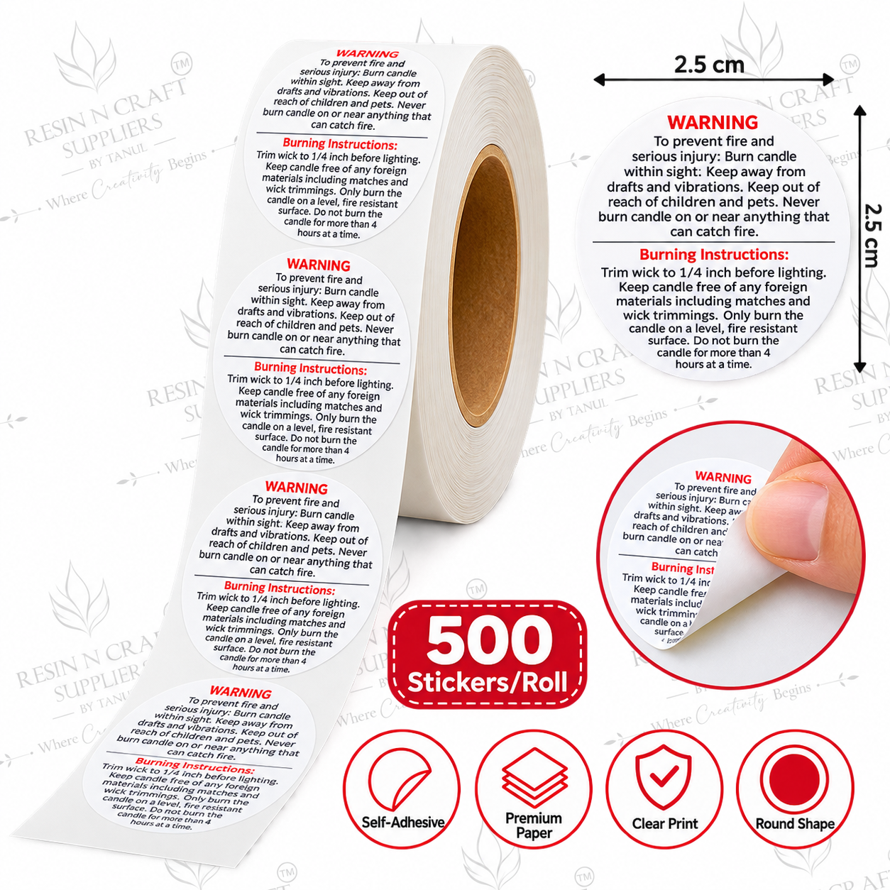 Candle Warning & Safety Instruction Sticker Roll – 500 Premium Labels(0013603800)