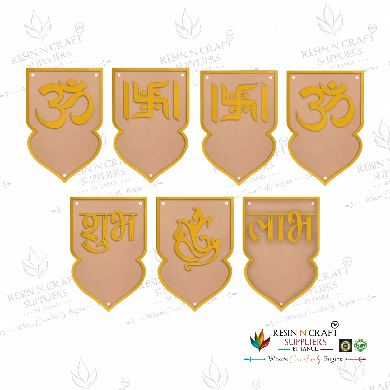 MDF Shubh Labh Toran Raw Set with Golden Acrylic | 7 Pcs DIY Hanging & Latkan Base – 3 Sizes (RBT001D)