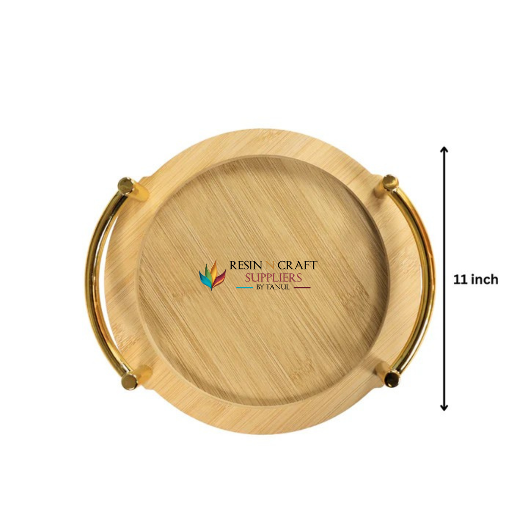 Round Wooden Tray With Golden Handles