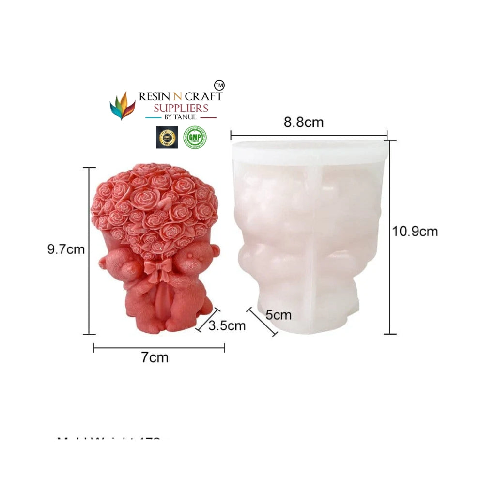 Two Teddy Bears Holding A Bouquet Flower Handmade Mould (RHM0232M)