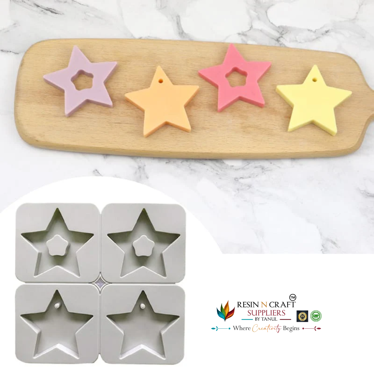 4 Multi Cavity Star Frame & Hanging Star Tag Mould for DIY Concrete Art, Scented Wax Sachets, Resin Crafts, Soap Making & Cake Making Silicone Mould(RSM1447M)
