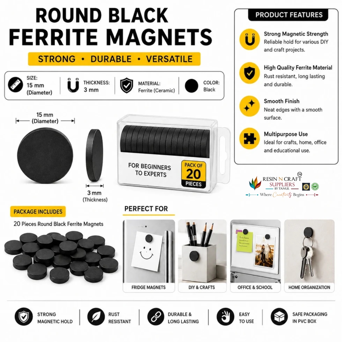 Round Black Ferrite Magnets 15 × 3 mm – Pack of 20 | DIY Fridge Magnet Making Supplies 42019
