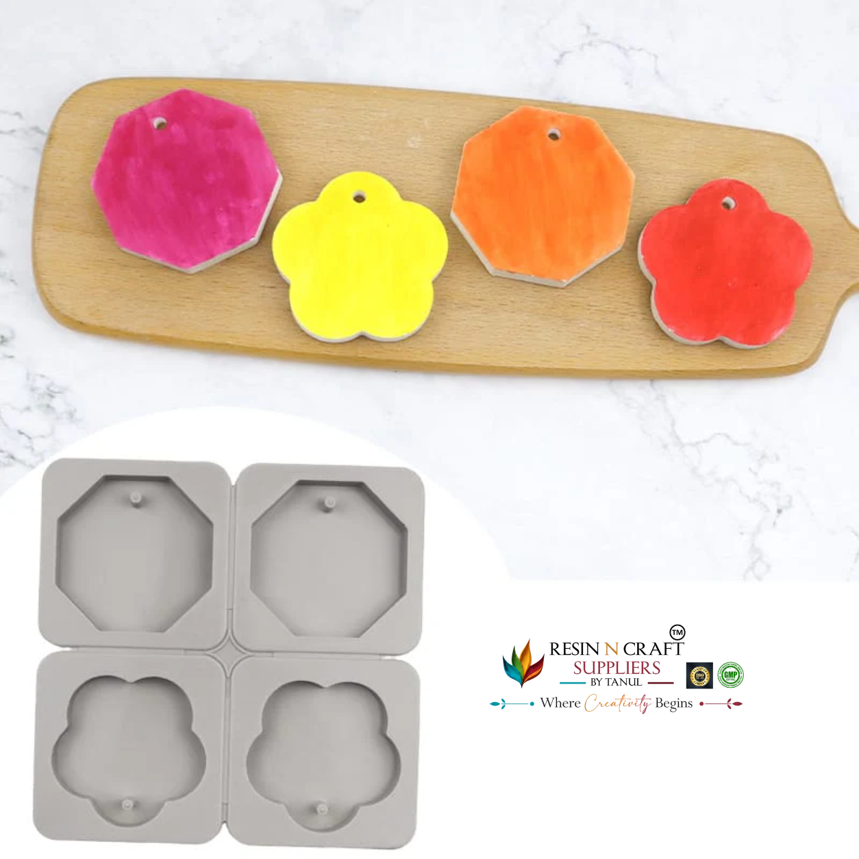 4 Cavity Octagon & Flower Hanging Tag Mould for DIY Concrete Art, Scented Wax Sachets, Resin Crafts, Soap Making & Cake Making Silicone Mould(RSM1448M)