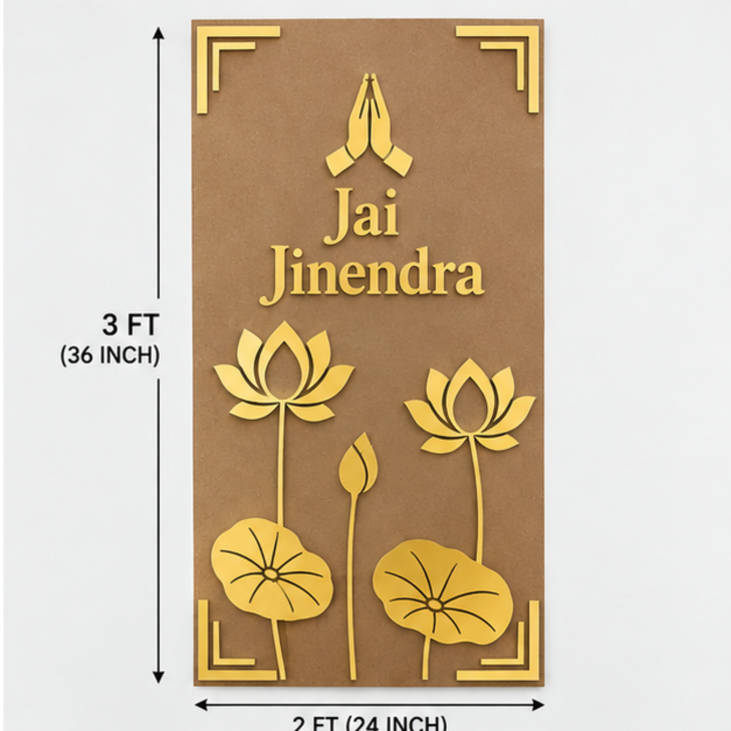 Jai Jinendra MDF & Acrylic Wall Panel Set – 3×2 FT Golden Acrylic Lotus & Pranam Cutouts