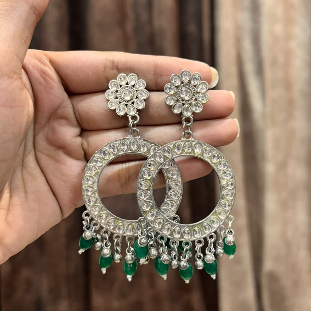 Silver Earring Bezel / Jumkha With Beads With Mirror