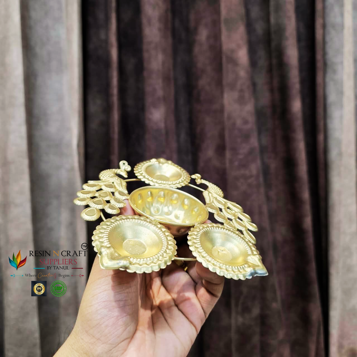Royal Peacock Metal Urli for Candle Art & Decoration | Golden Diya Candle Holder with Anti-Slip Base