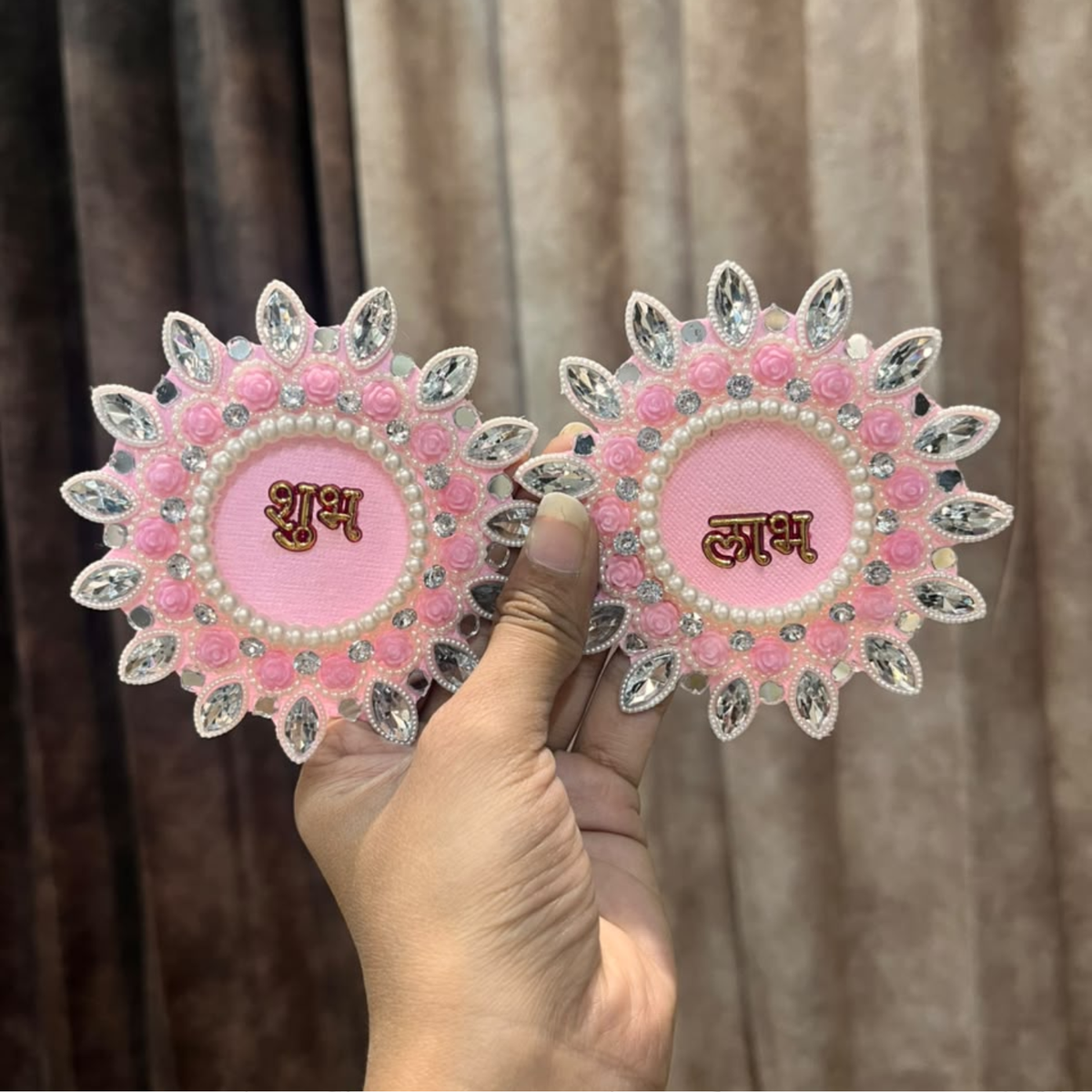 Pink Shubh Labh Beaded Stone Patch Pair β Decorative Patch for Toran, Bandhanwar & Resin Art