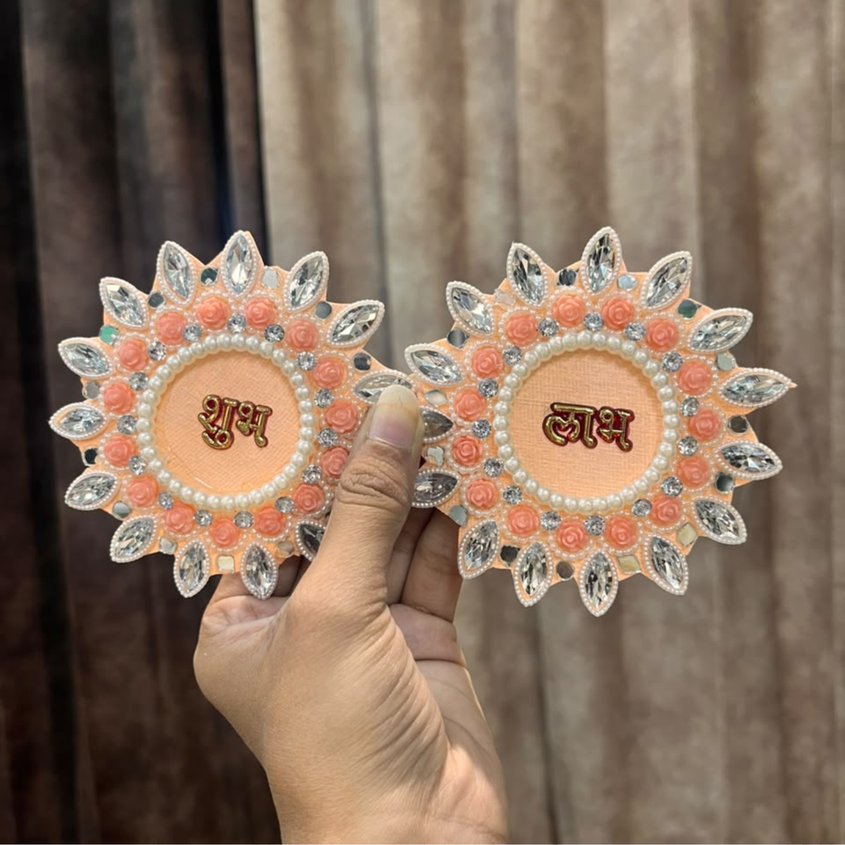 Peach Shubh Labh Beaded Stone Patch Pair โ Decorative Patch for Toran, Bandhanwar & Resin Art