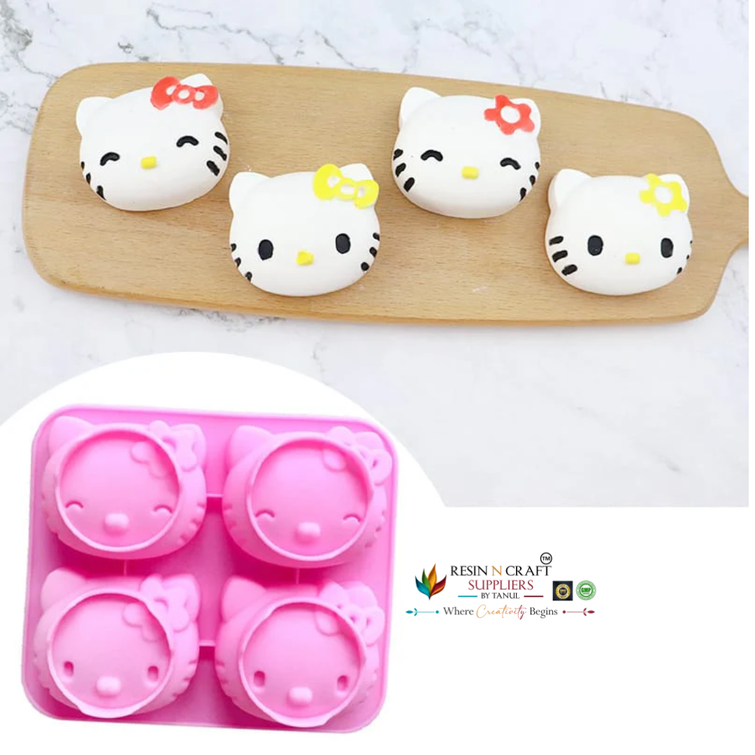 4 Cavity Hello Kitty Cartoon Cat Face Mould for DIY Concrete Art, Resin Crafts, Soap Making & Cake Making Silicone Mould (RSM1424M)