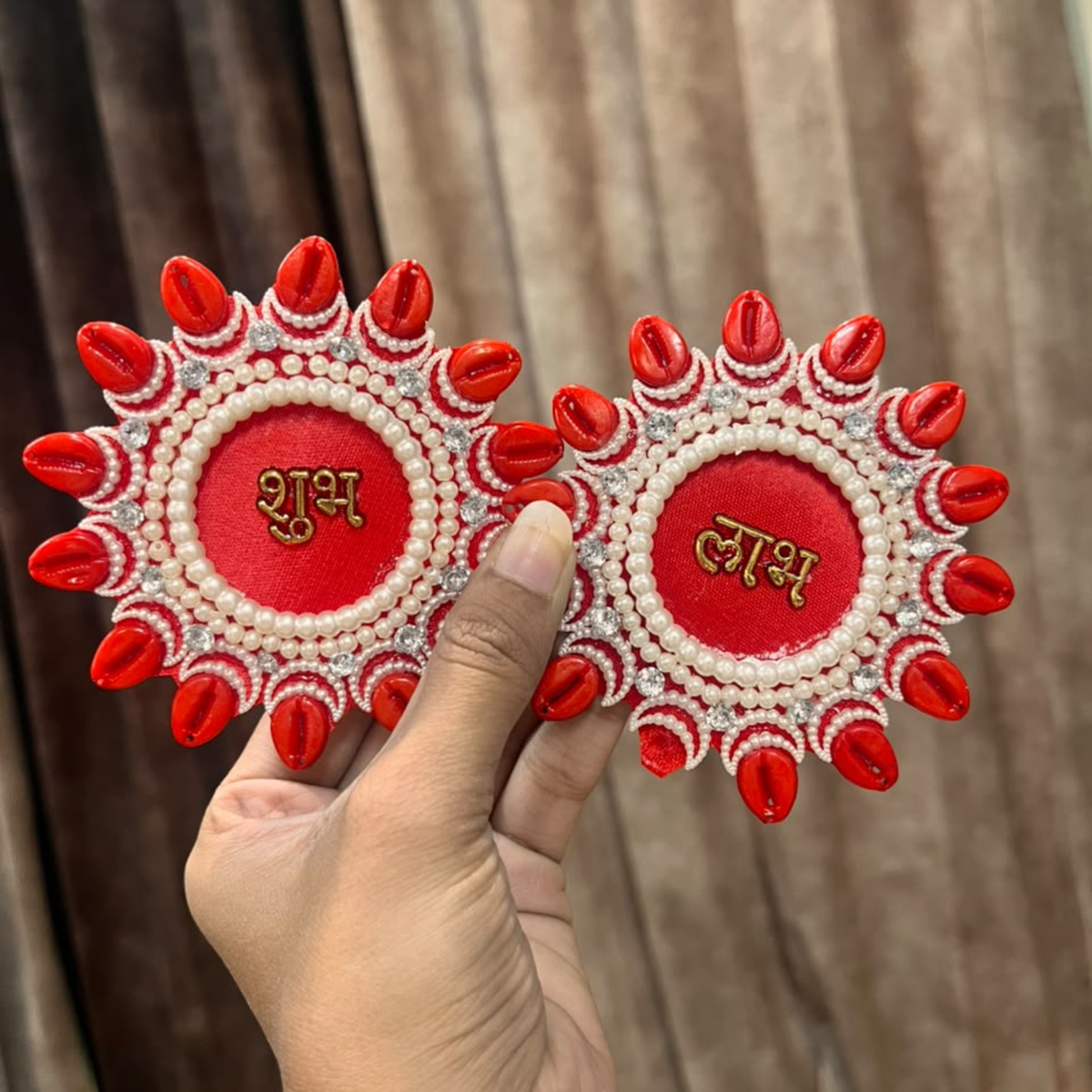 Red Shubh Labh Cowrie Shell Beaded Patch Pair – Decorative Patch for Toran, Bandhanwar & Resin Art