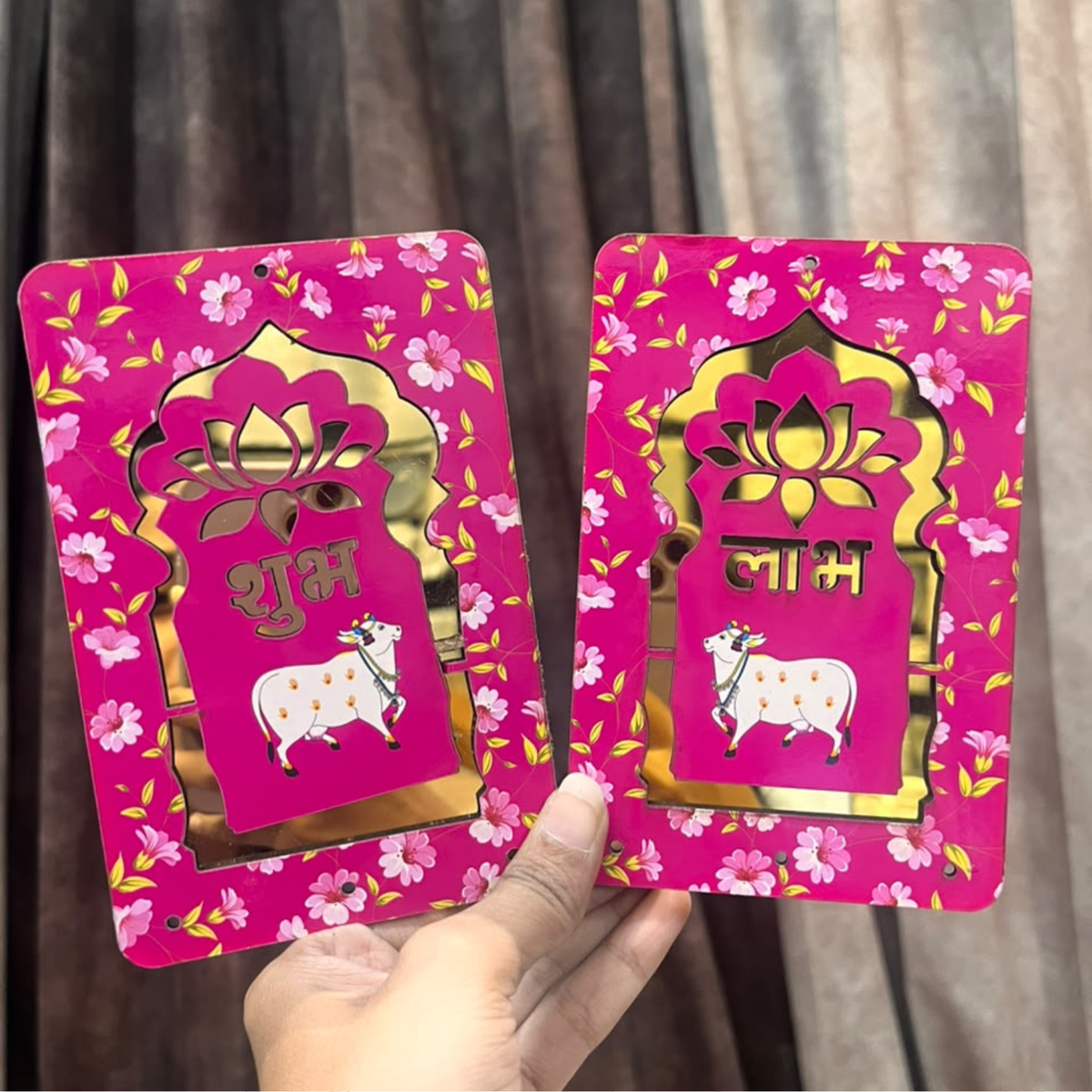 Shubh Labh Cow MDF Pair 6×4 Inch | Premium Pink Floral MDF Cutout for Diwali, Toran & DIY Décor