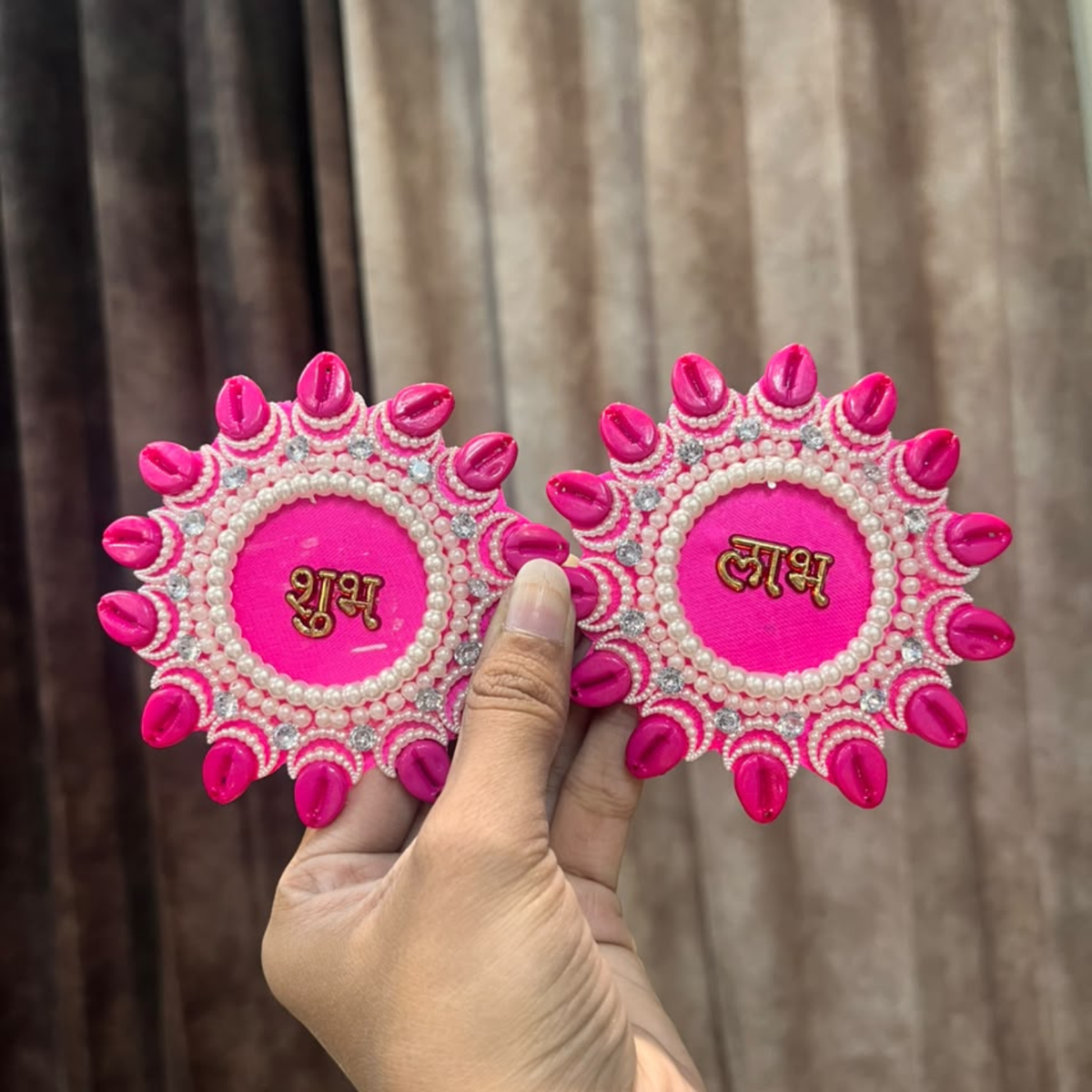 Pink Shubh Labh Beaded Stone Patch Pair – Decorative Patch for Toran, Bandhanwar & Resin Art