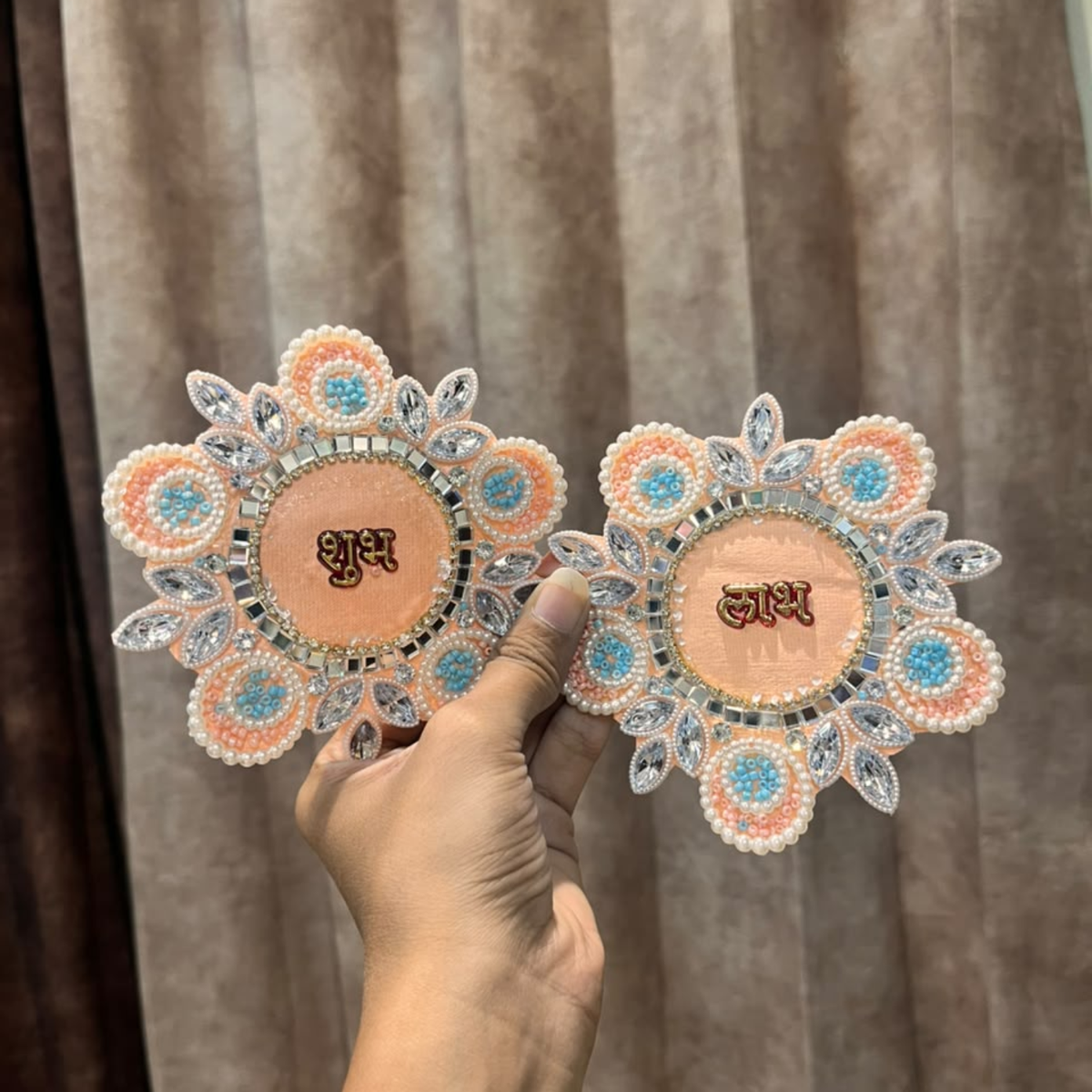 Peach & Blue Shubh Decorative Patch Pair for Toran, Bandhanwar & Resin Art