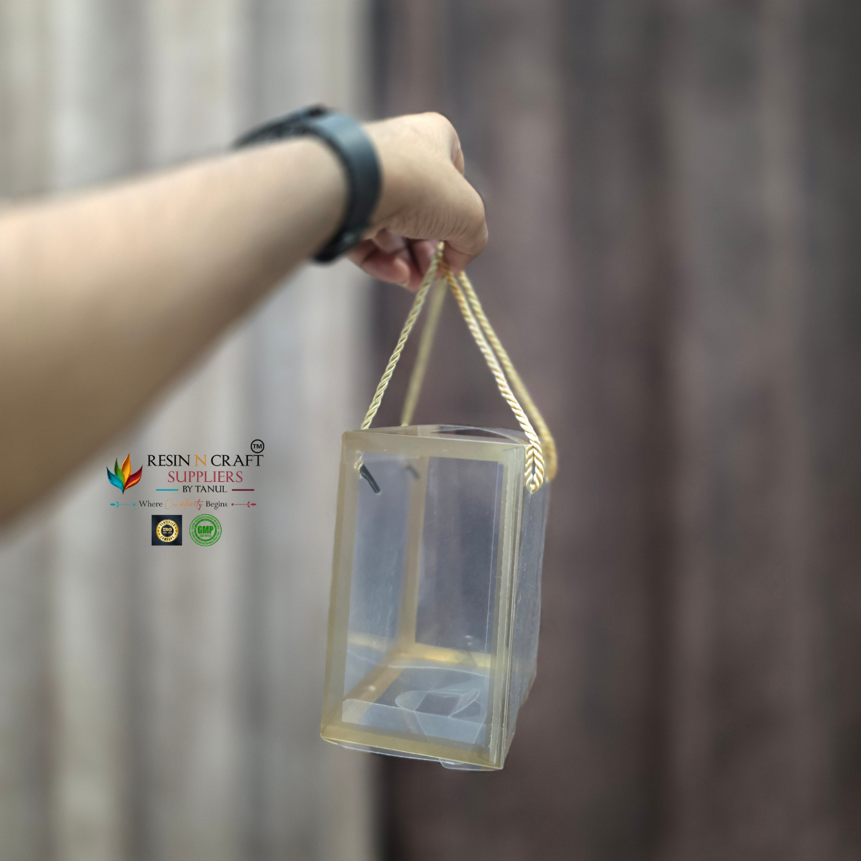 Transparent Gift Bag with Gold Border & Rope Handle | Clear PVC Hamper Packaging Box – 2 Sizes