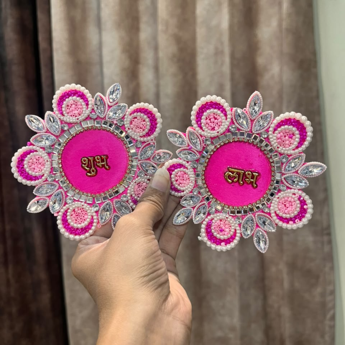 Pink Shubh Labh Beaded Stone Patch Pair โ Decorative Patch for Toran, Bandhanwar & Resin Art