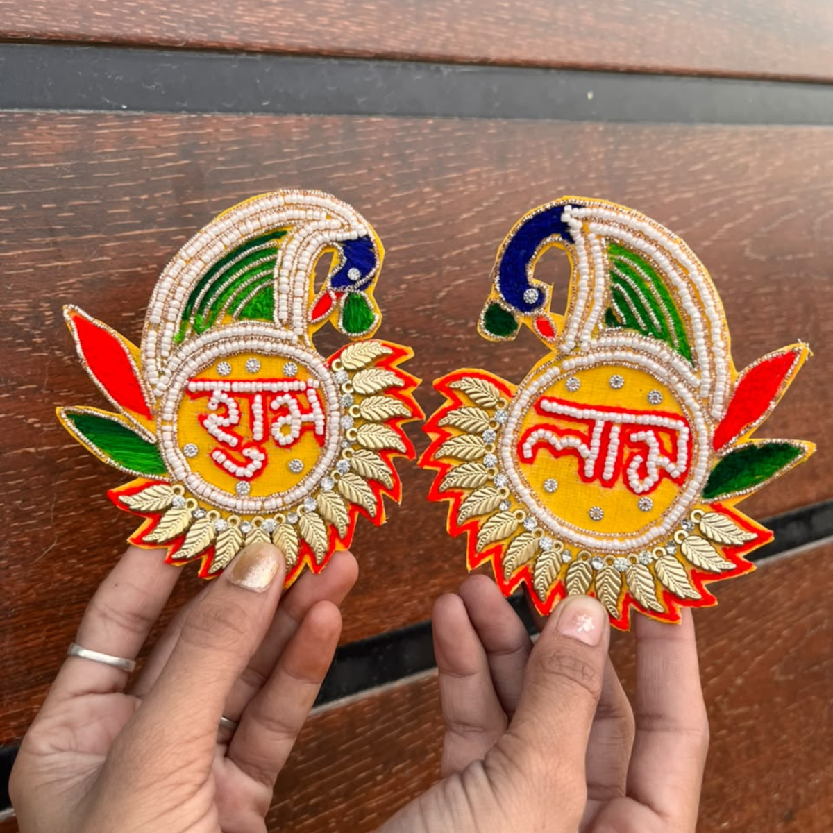 Peacock Shubh Labh Toran Patches – Pair of 2 | Beaded Stone Patches for Toran, Bandhanwar & Resin Art