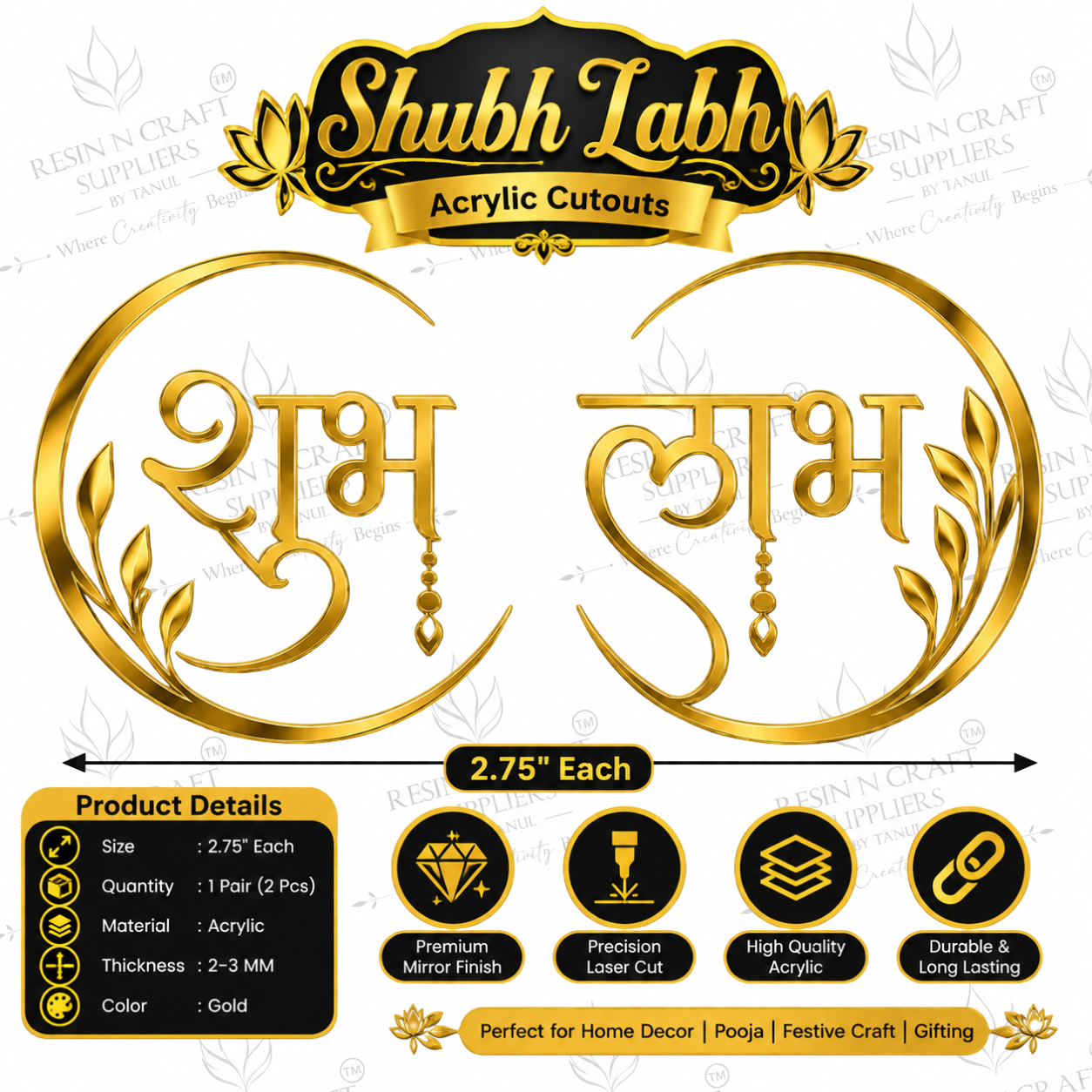 Shubh Labh Floral Gold Acrylic Cutout Pair – Premium Festive Décor