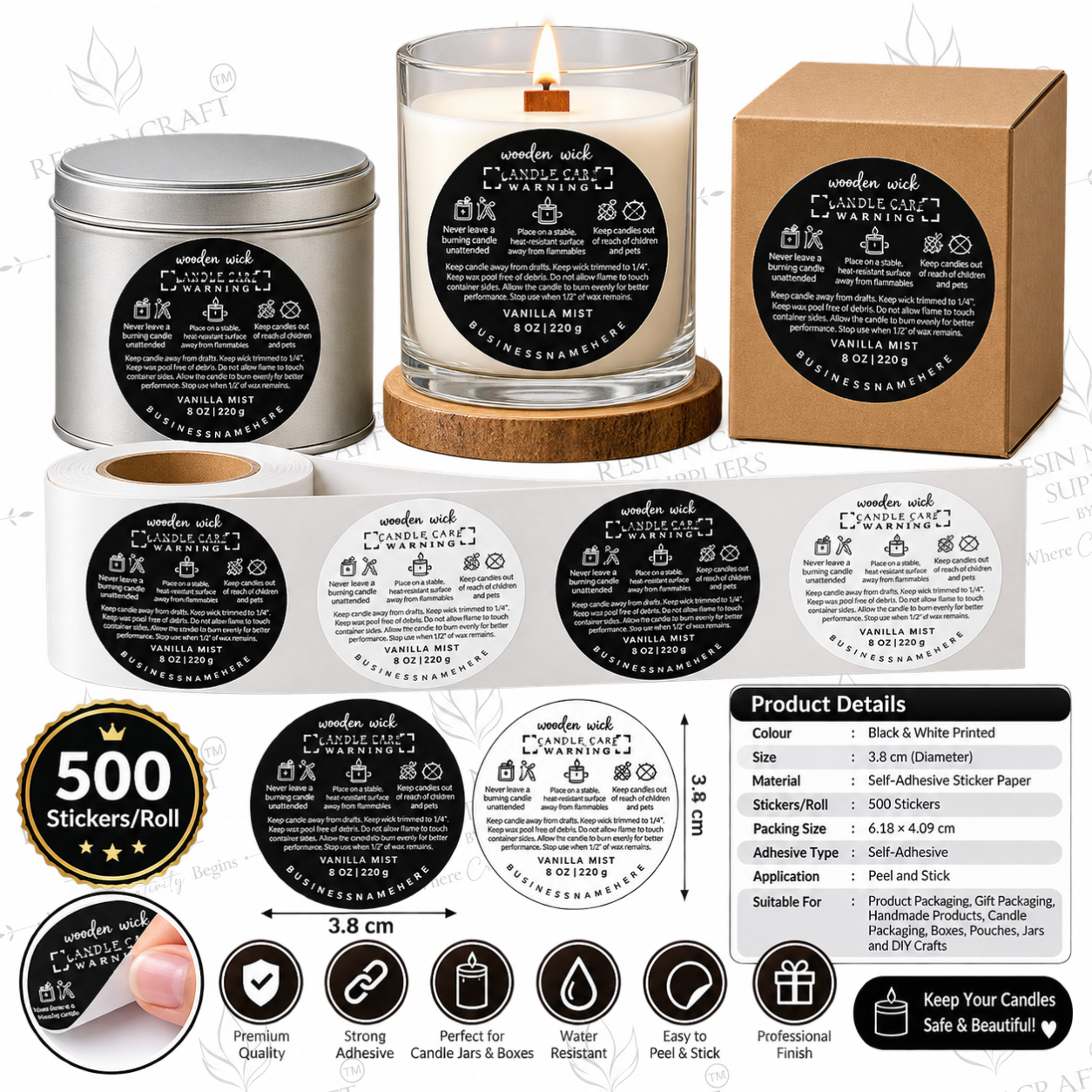 Wooden Wick Candle Warning Label Sticker Roll – 500 Premium Safety Labels (0013604200)