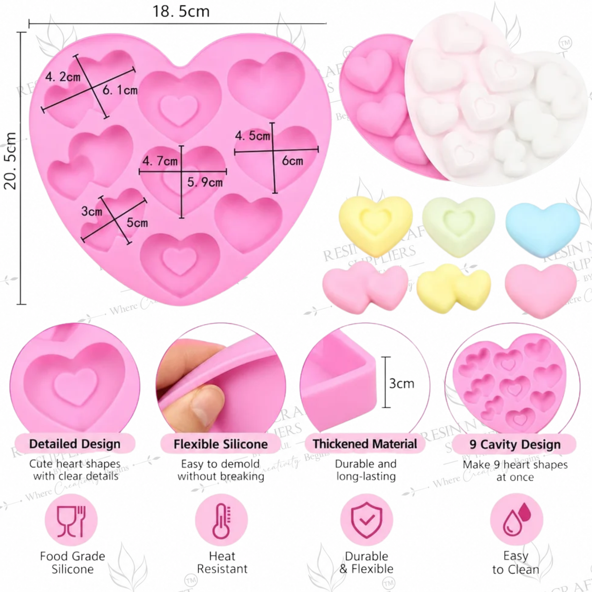 9-Cavity Heart Silicone Mould – 18.5 × 20.5 CM | Heart Mould for Concrecast, Resin & DIY Crafts (RSM1501M)