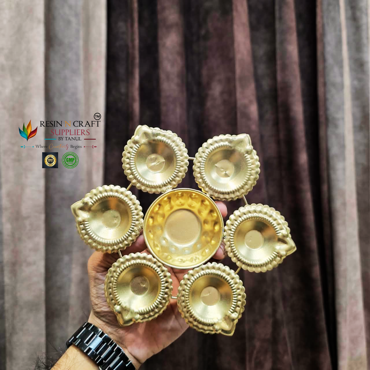 Flower Petal Metal Urli for Candle Art & Decoration | Golden 7-Diya Candle Holder with Anti-Slip Base