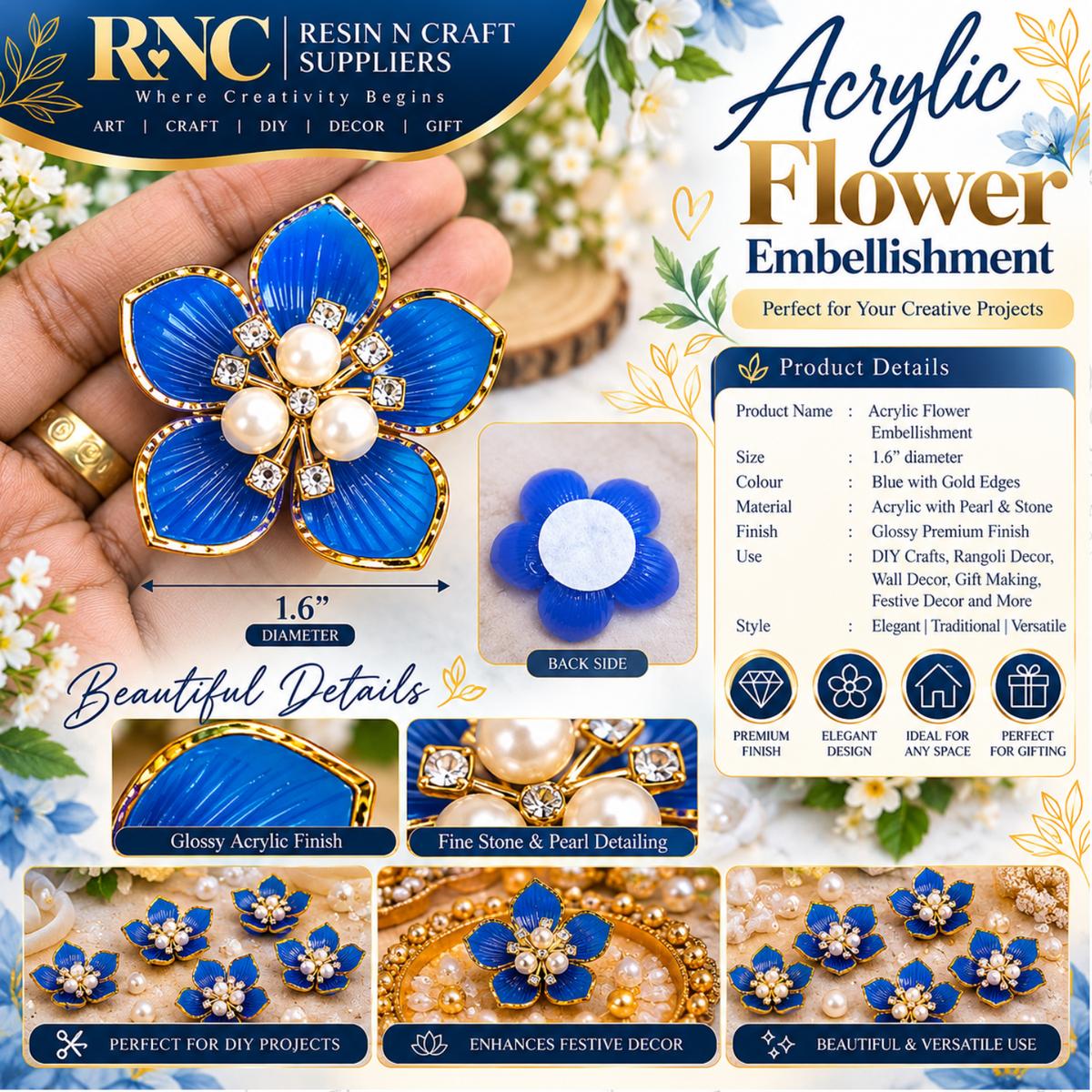 Acrylic Flower Embellishment – Premium Decorative Craft Accessory / Colourful Plastic Flower