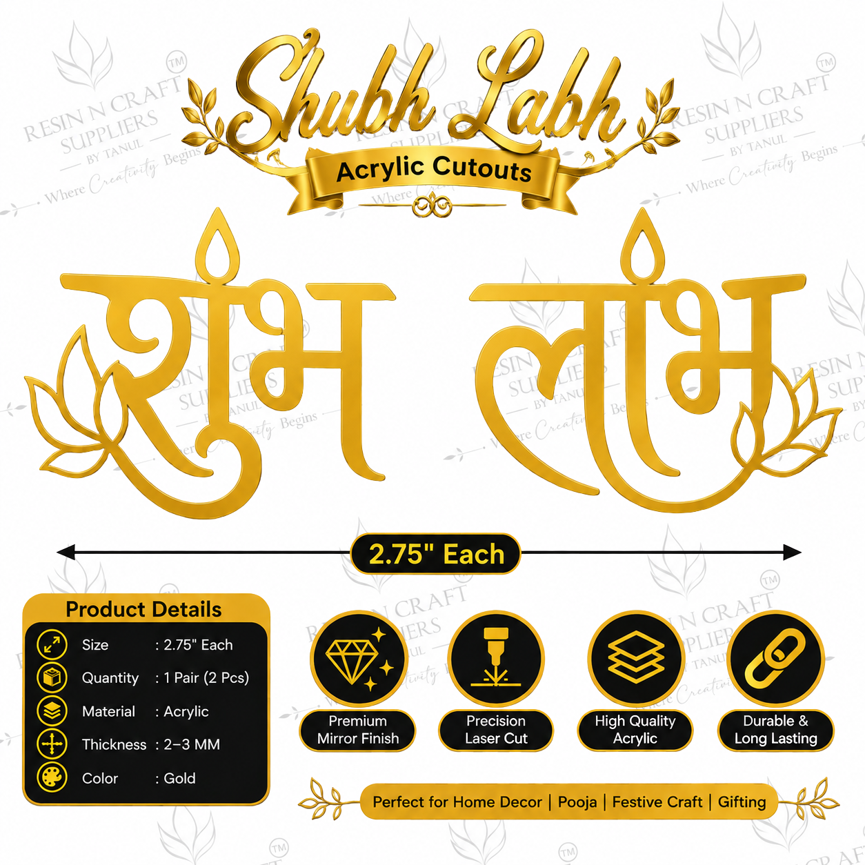 shubh Labh Floral Gold Acrylic Cutout Pair – Premium Festive Décor