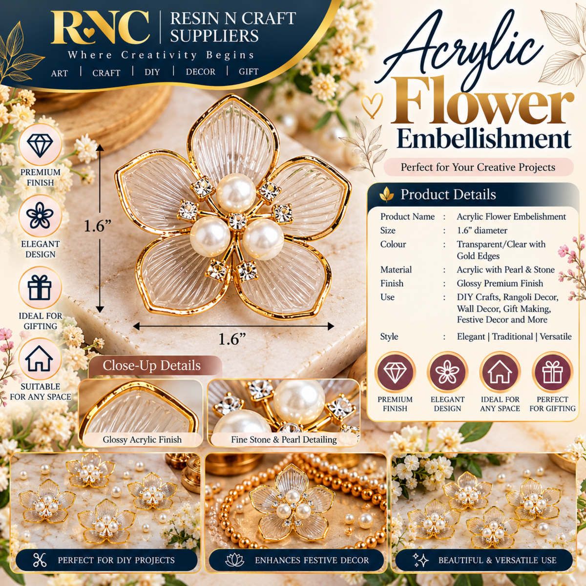 Acrylic Flower Embellishment – Premium Decorative Craft Accessory / Colourful Plastic Flower