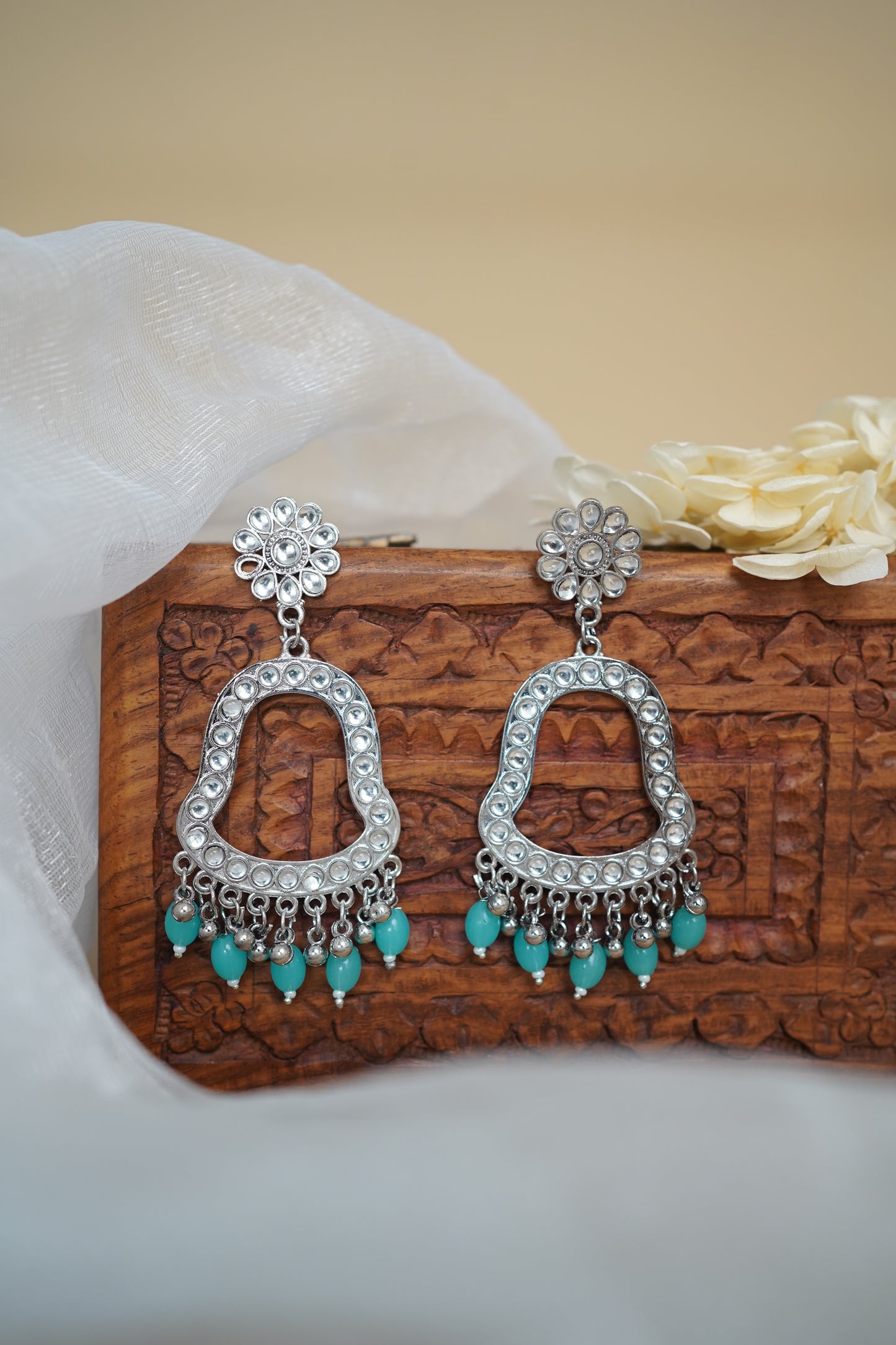 Silver Earring Bezel / Jumkha with Beads & Mirror