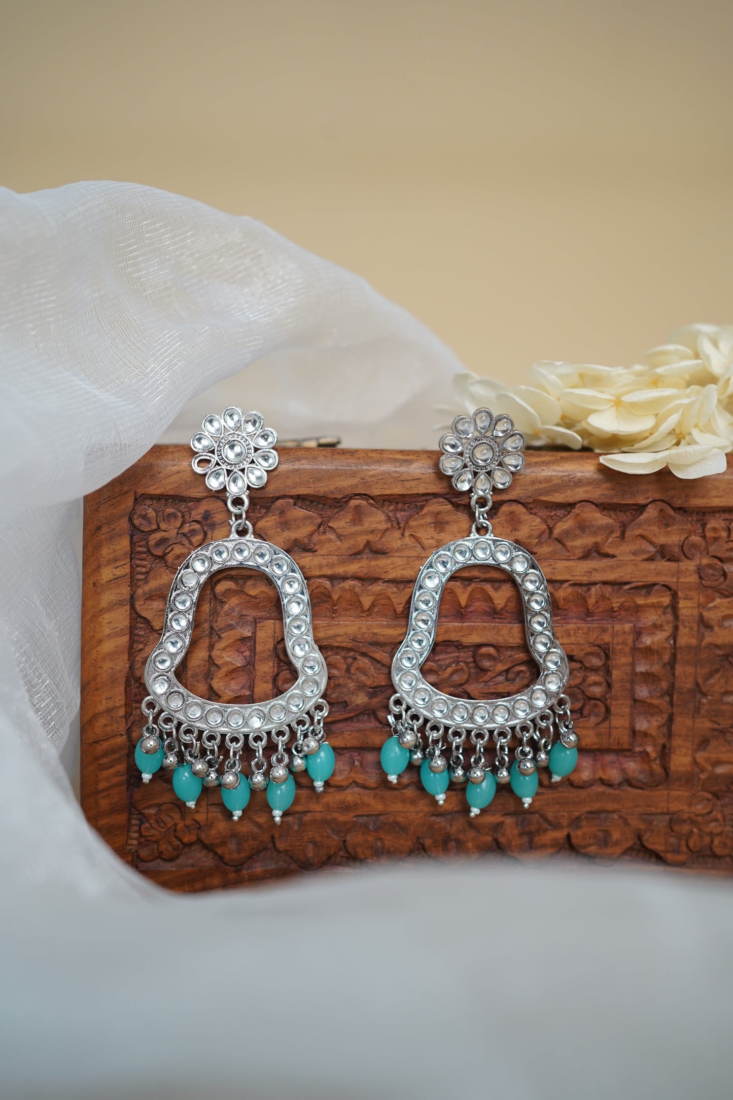 Silver Earring Bezel / Jumkha with Beads & Mirror