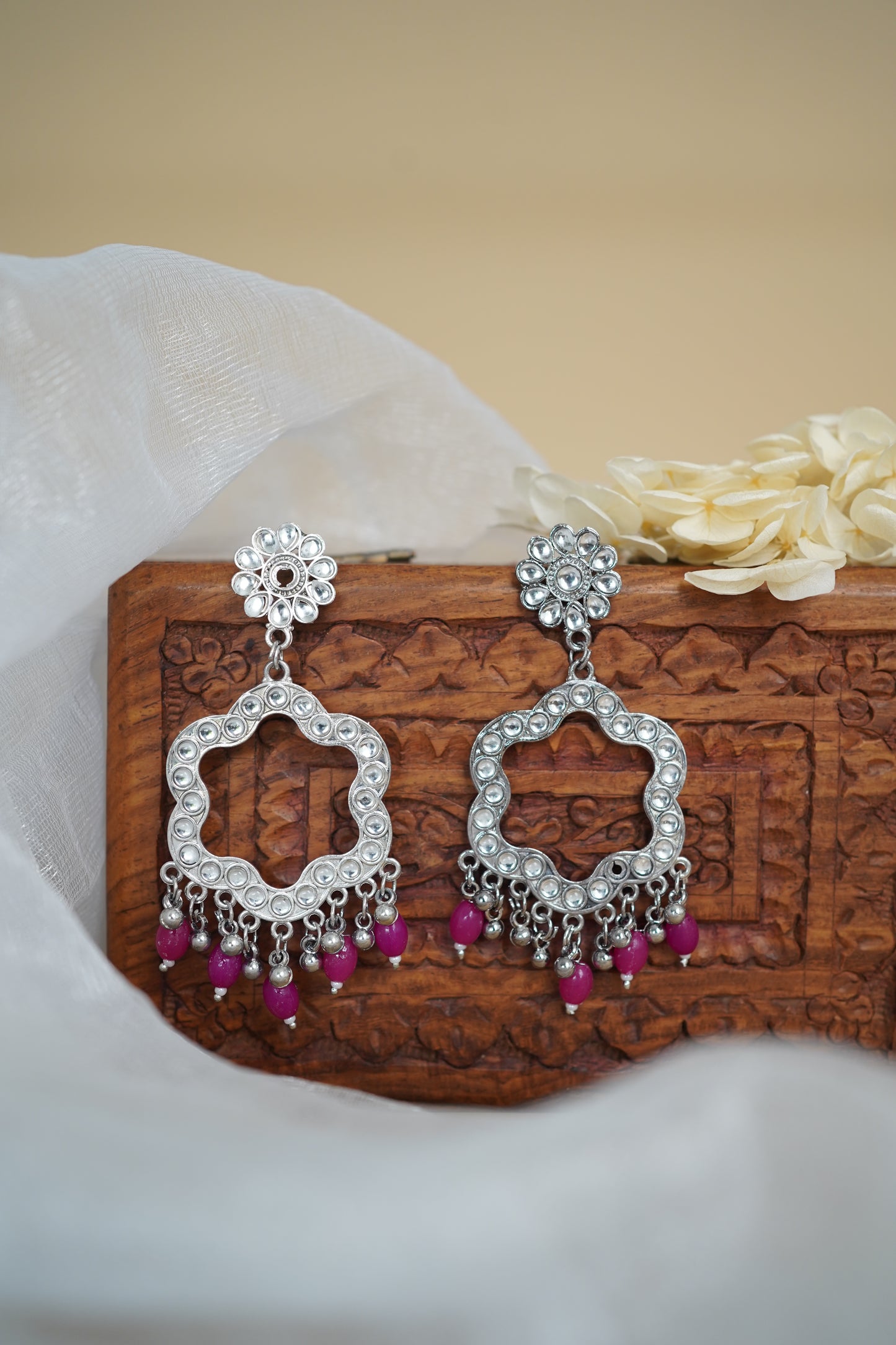 Silver Earring Bezel / Jumkha with Beads & Mirror