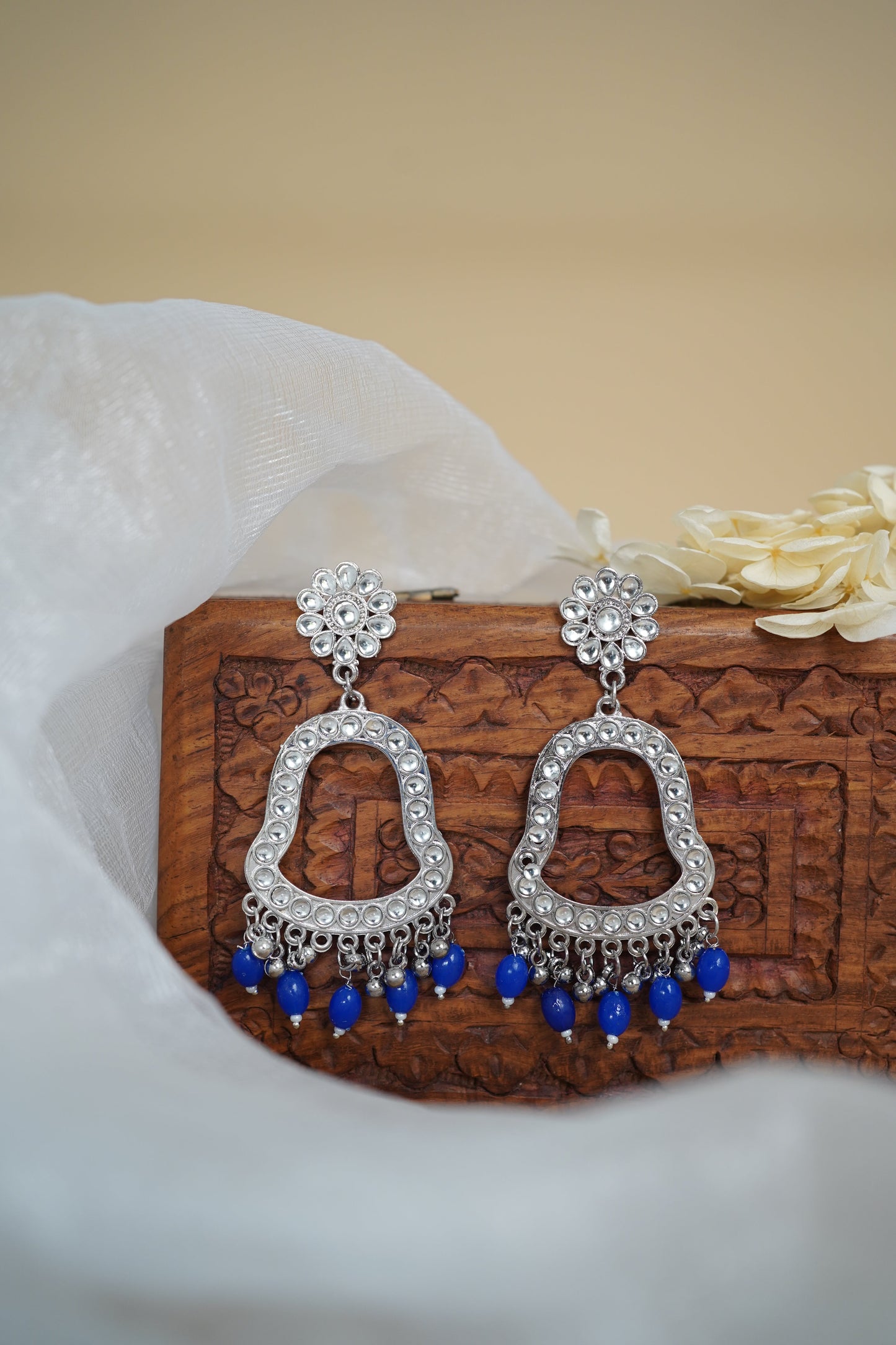 Silver Earring Bezel / Jumkha with Beads & Mirror