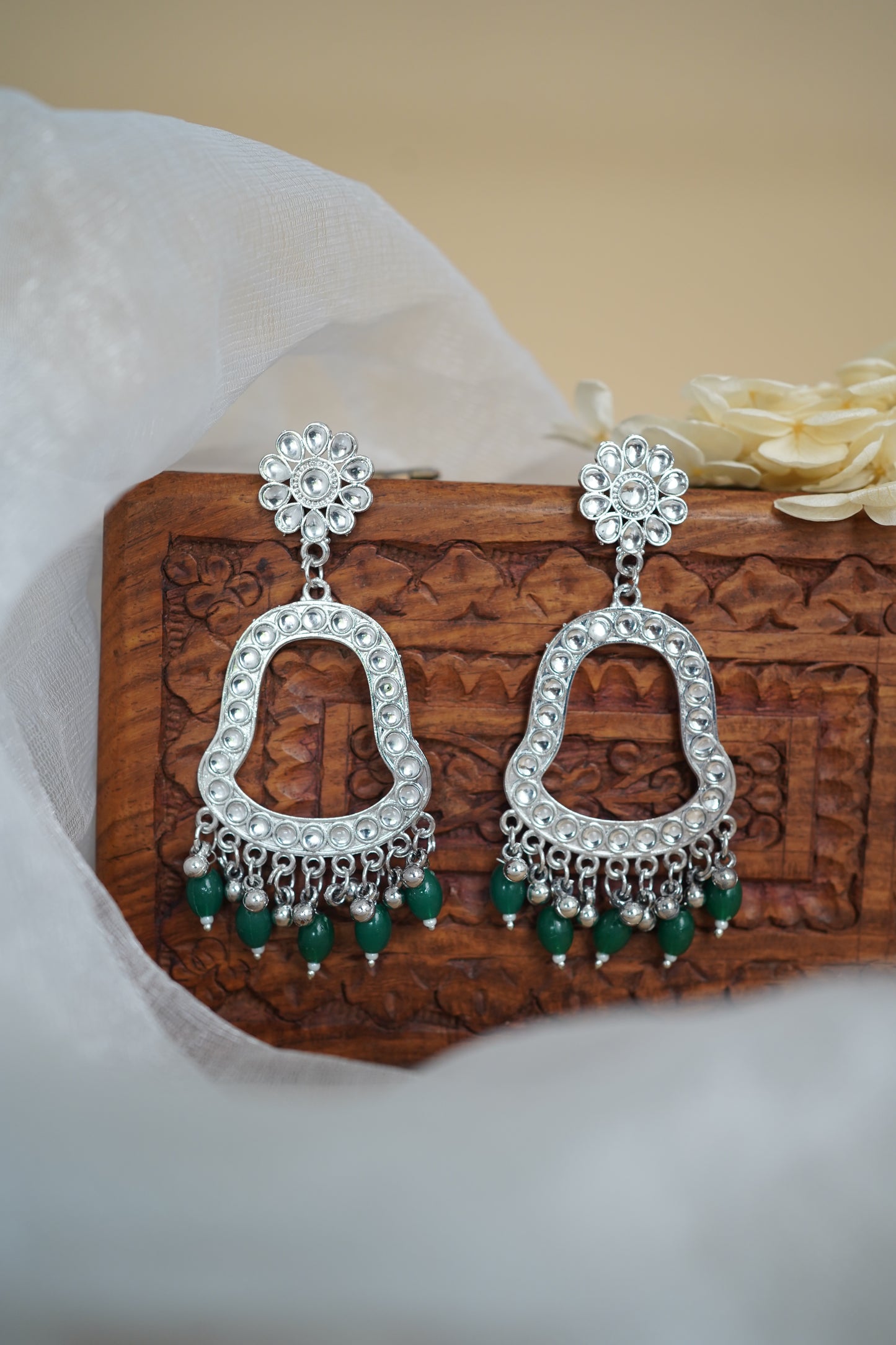 Silver Earring Bezel / Jumkha with Beads & Mirror