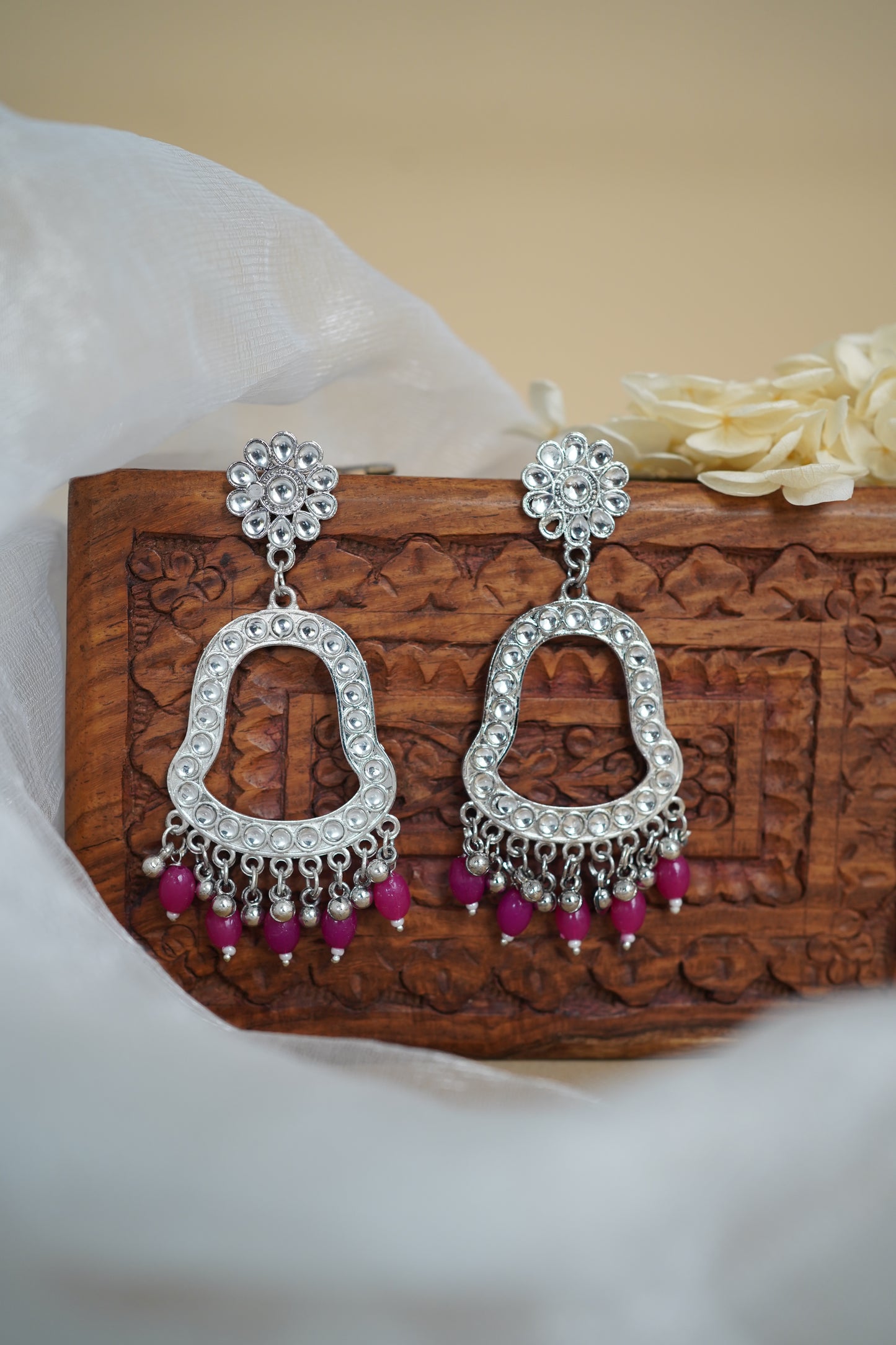 Silver Earring Bezel / Jumkha with Beads & Mirror