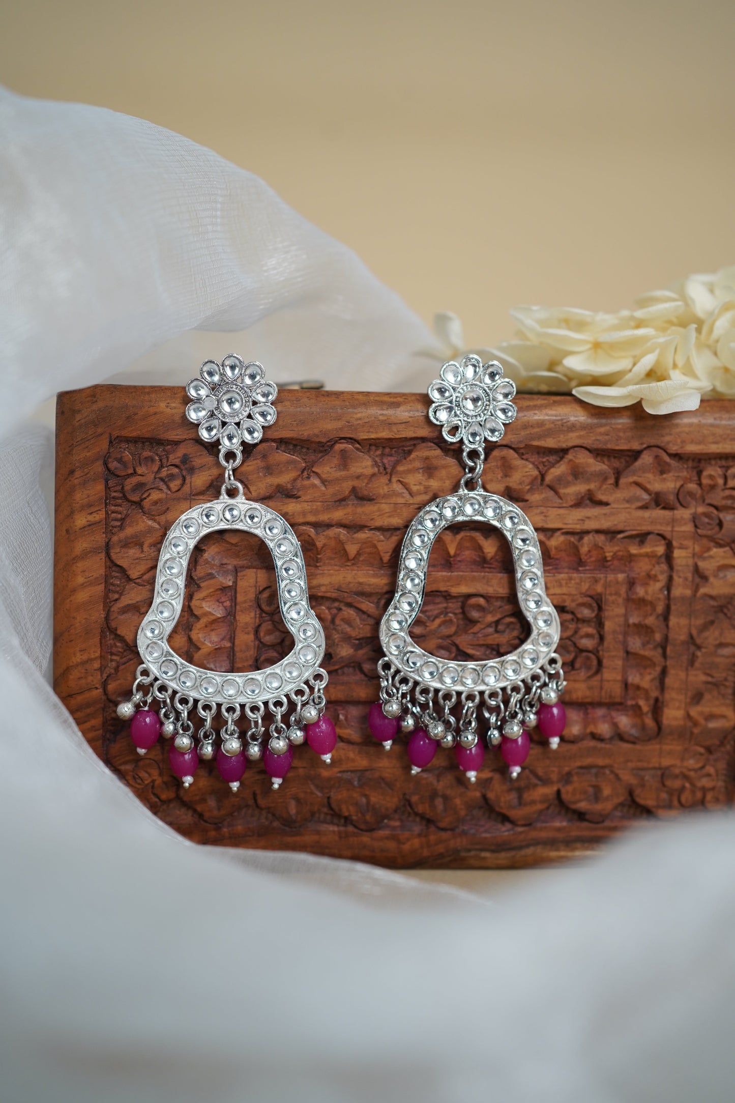 Silver Earring Bezel / Jumkha with Beads & Mirror