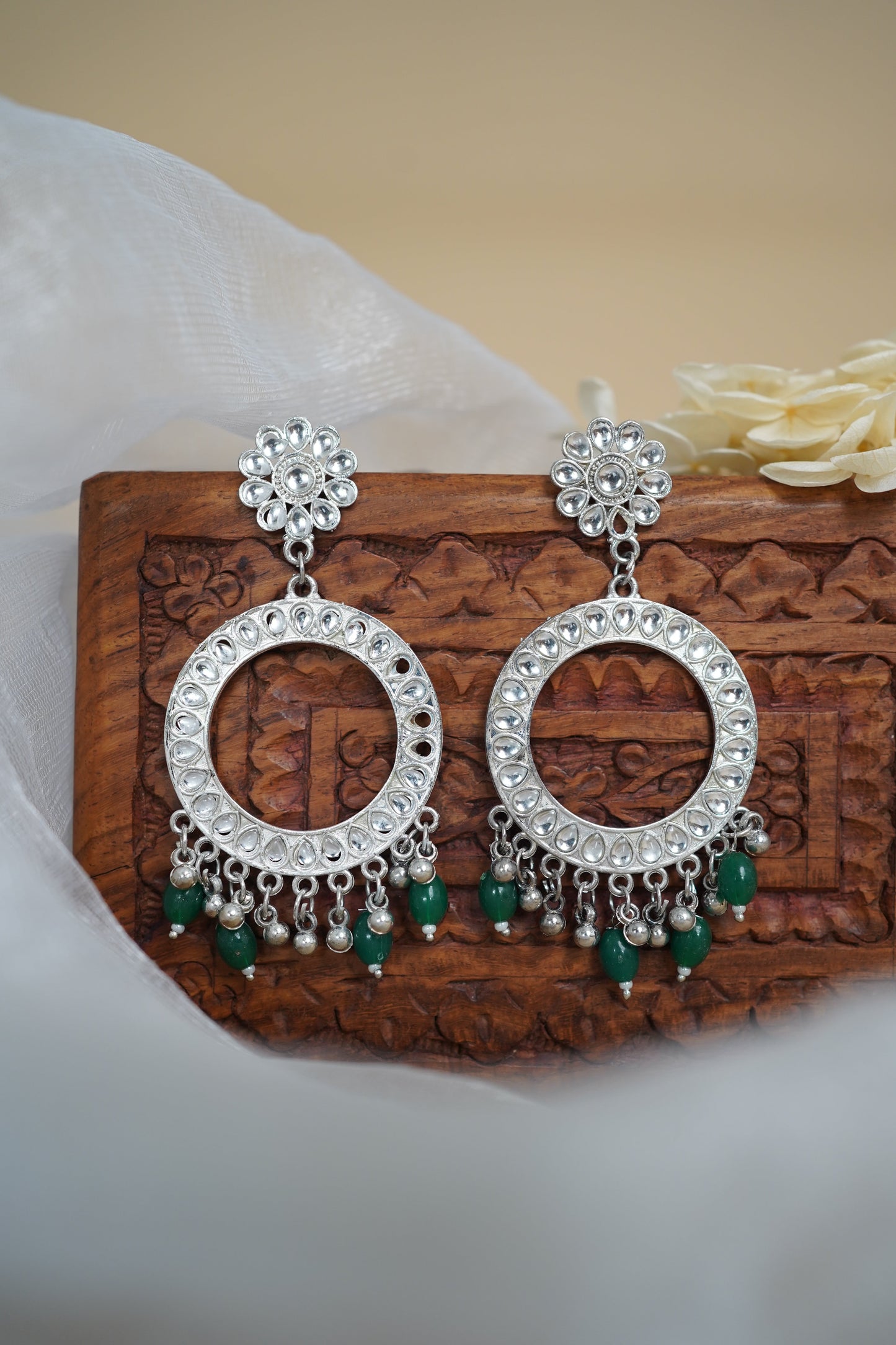 Silver Earring Bezel / Jumkha with Beads & Mirror