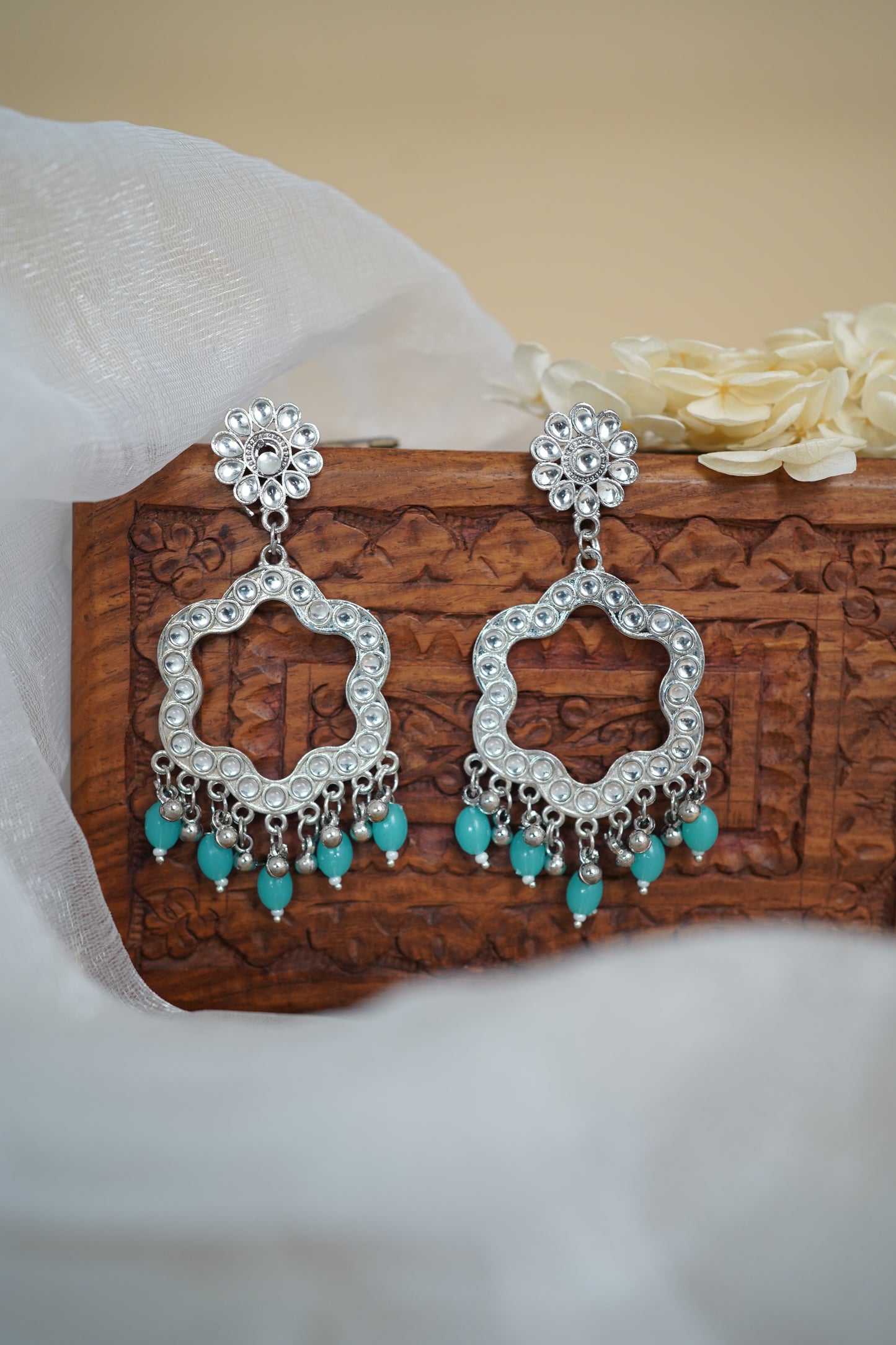 Silver Earring Bezel / Jumkha with Beads & Mirror