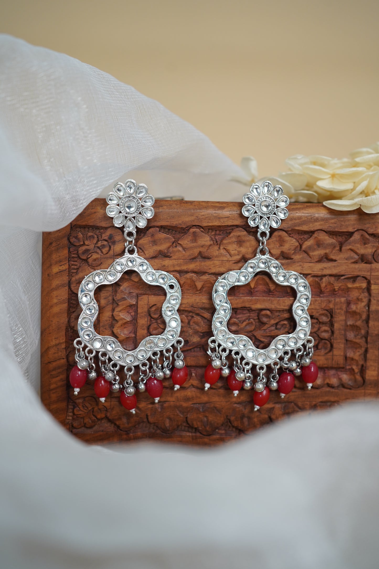 Silver Earring Bezel / Jumkha with Beads & Mirror