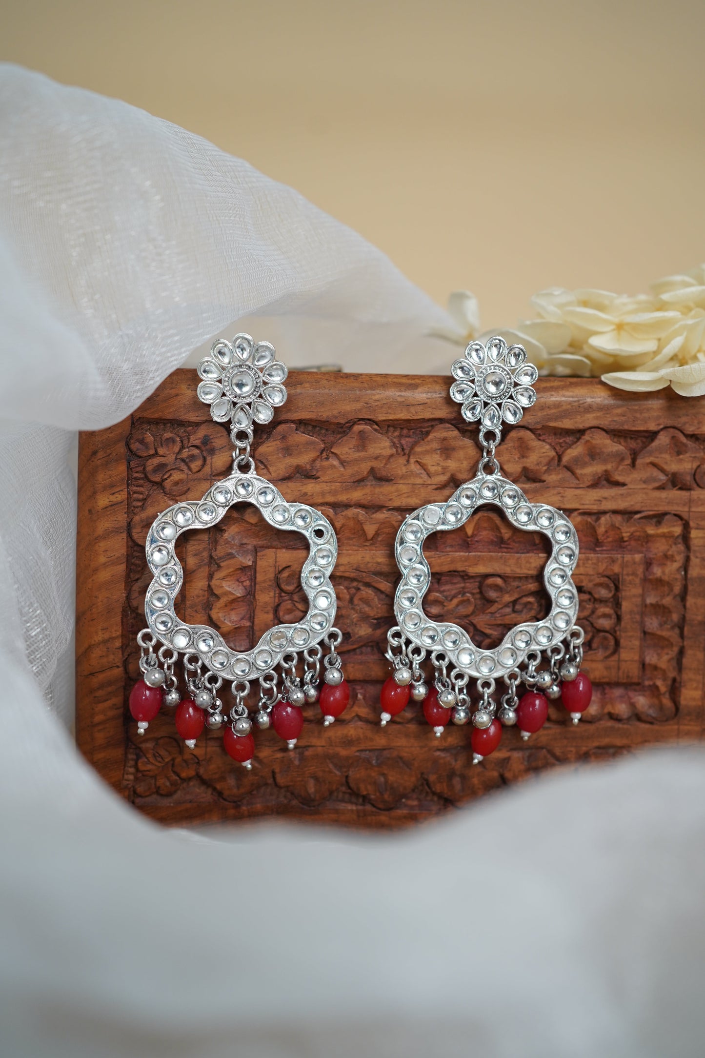 Silver Earring Bezel / Jumkha with Beads & Mirror