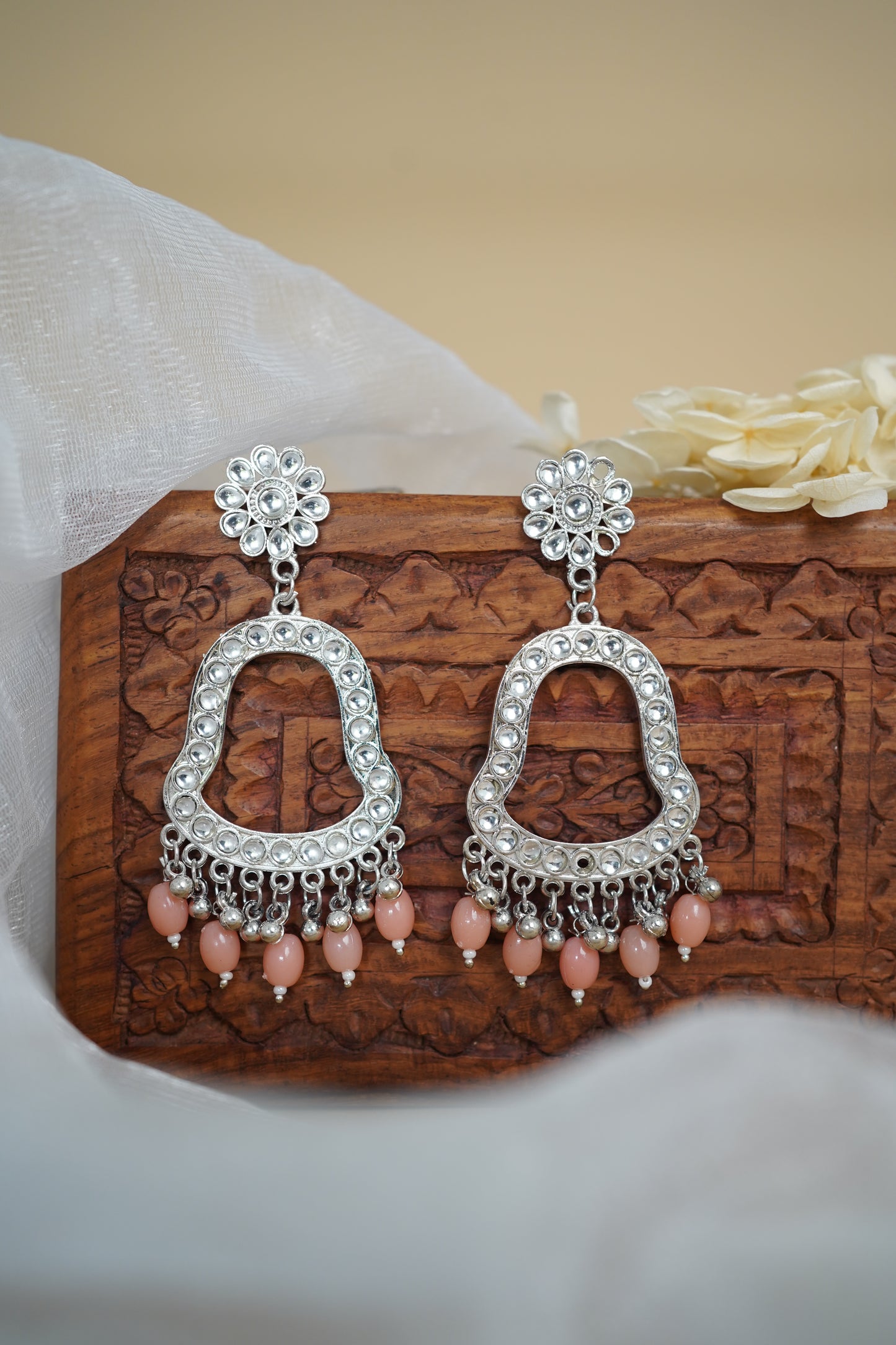 Silver Earring Bezel / Jumkha with Beads & Mirror